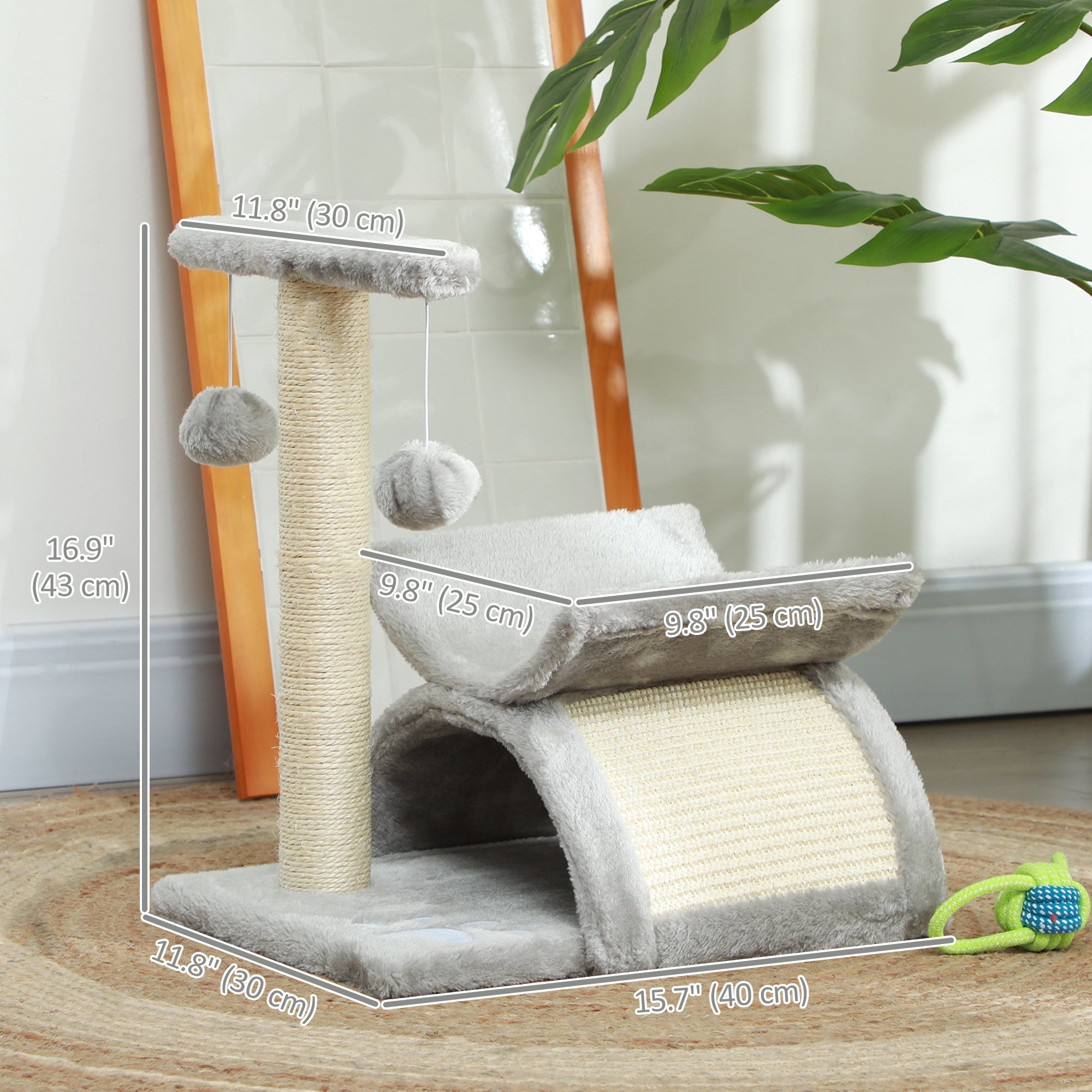 PawHut 17" Small Cat Tree with Rotatable Top Pole, Cat Tower with Scratching Post, Platform, Tunnel, 2 Dangling Balls, Scratching Board, Light Grey