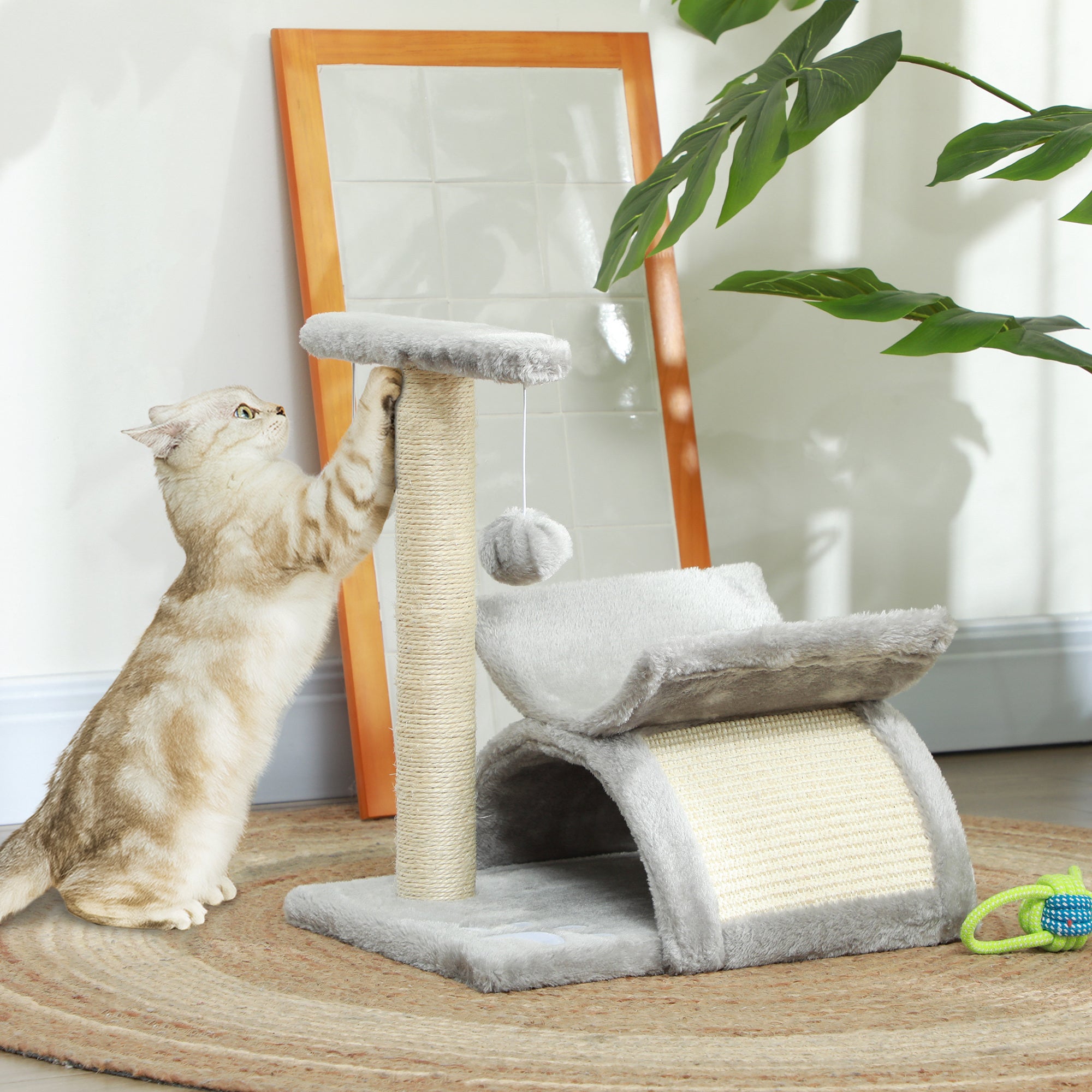 PawHut 17" Small Cat Tree with Rotatable Top Pole, Cat Tower with Scratching Post, Platform, Tunnel, 2 Dangling Balls, Scratching Board, Light Grey