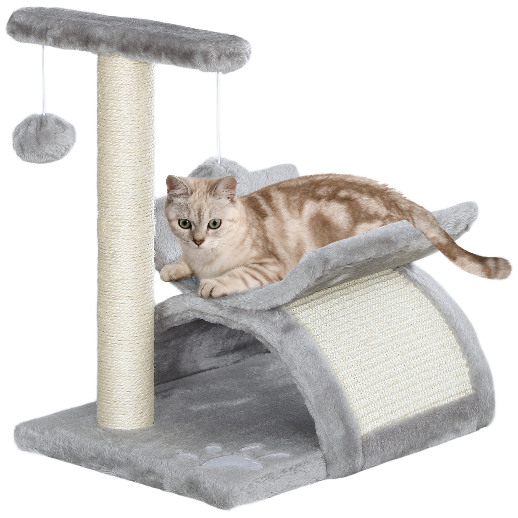 PawHut 17" Small Cat Tree with Rotatable Top Pole, Cat Tower with Scratching Post, Platform, Tunnel, 2 Dangling Balls, Scratching Board, Light Grey
