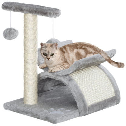PawHut 17" Small Cat Tree with Rotatable Top Pole, Cat Tower with Scratching Post, Platform, Tunnel, 2 Dangling Balls, Scratching Board, Light Grey