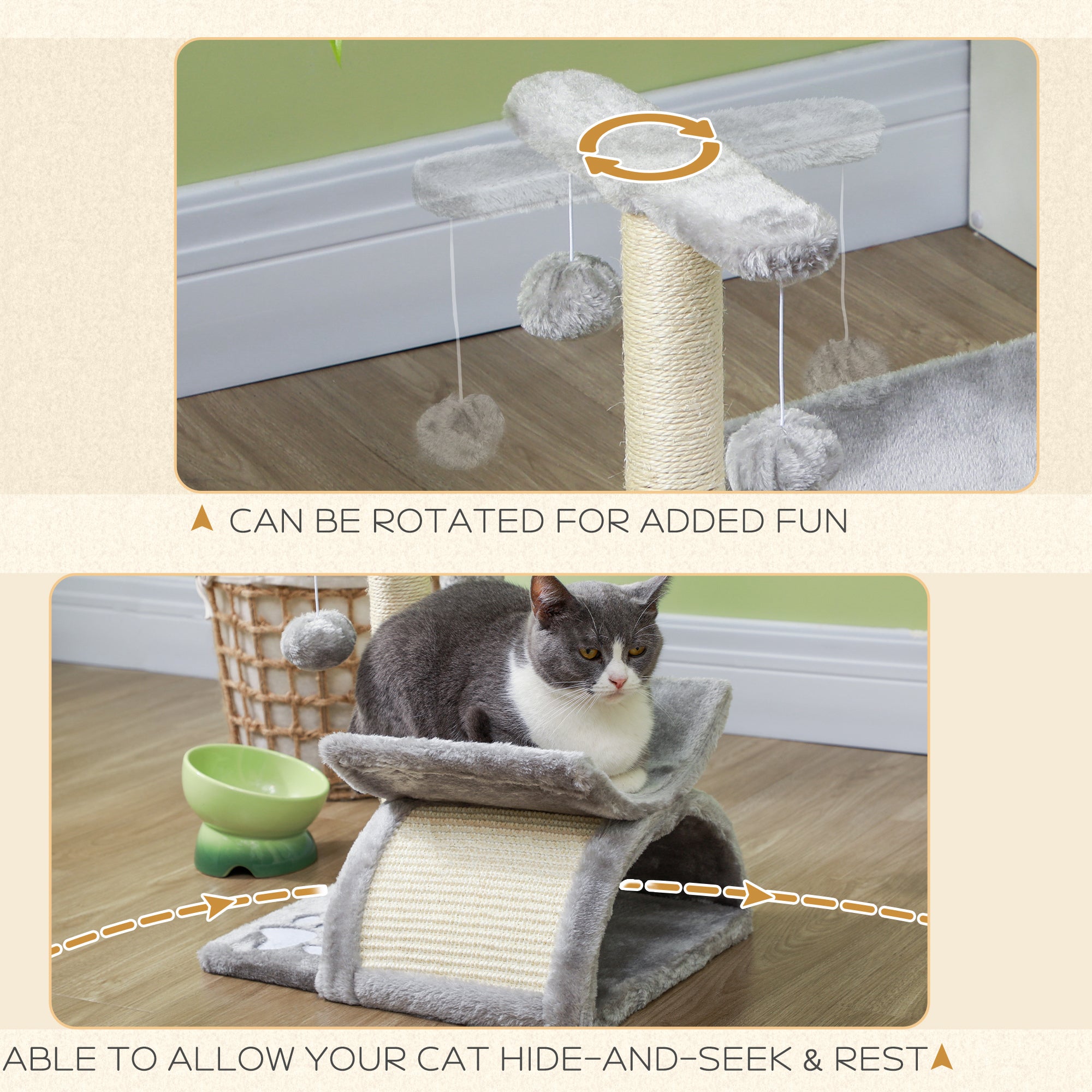 PawHut 17" Small Cat Tree with Rotatable Top Pole, Cat Tower with Scratching Post, Platform, Tunnel, 2 Dangling Balls, Scratching Board, Light Grey