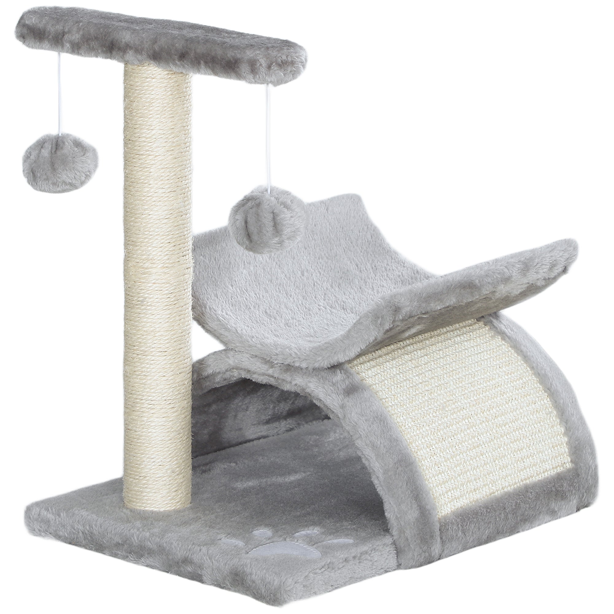 PawHut 17" Small Cat Tree with Rotatable Top Pole, Cat Tower with Scratching Post, Platform, Tunnel, 2 Dangling Balls, Scratching Board, Light Grey