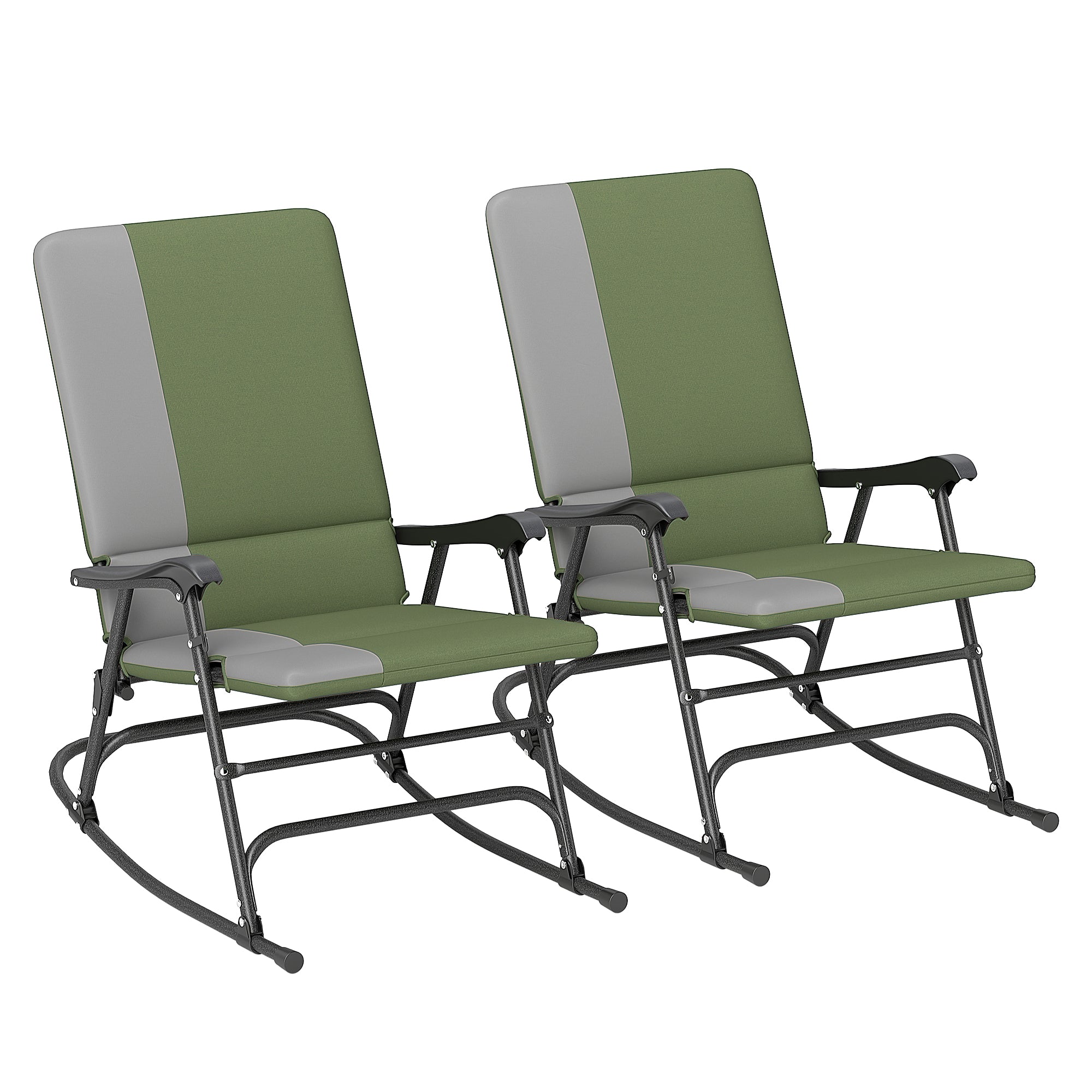 Outsunny Folding Outdoor Rocking Chair Set of 2, Oversized Patio Rocking Camping Chair Set with 400 lbs. Capacity, Wide Seat, Padded High Back for Patio, Porch, Garden, Dark Green