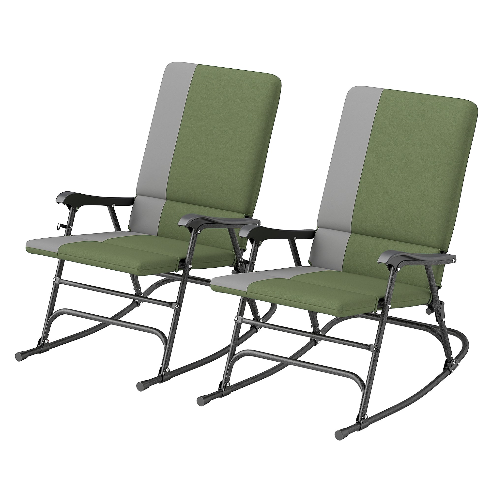 Outsunny Folding Outdoor Rocking Chair Set of 2, Oversized Patio Rocking Camping Chair Set with 400 lbs. Capacity, Wide Seat, Padded High Back for Patio, Porch, Garden, Dark Green