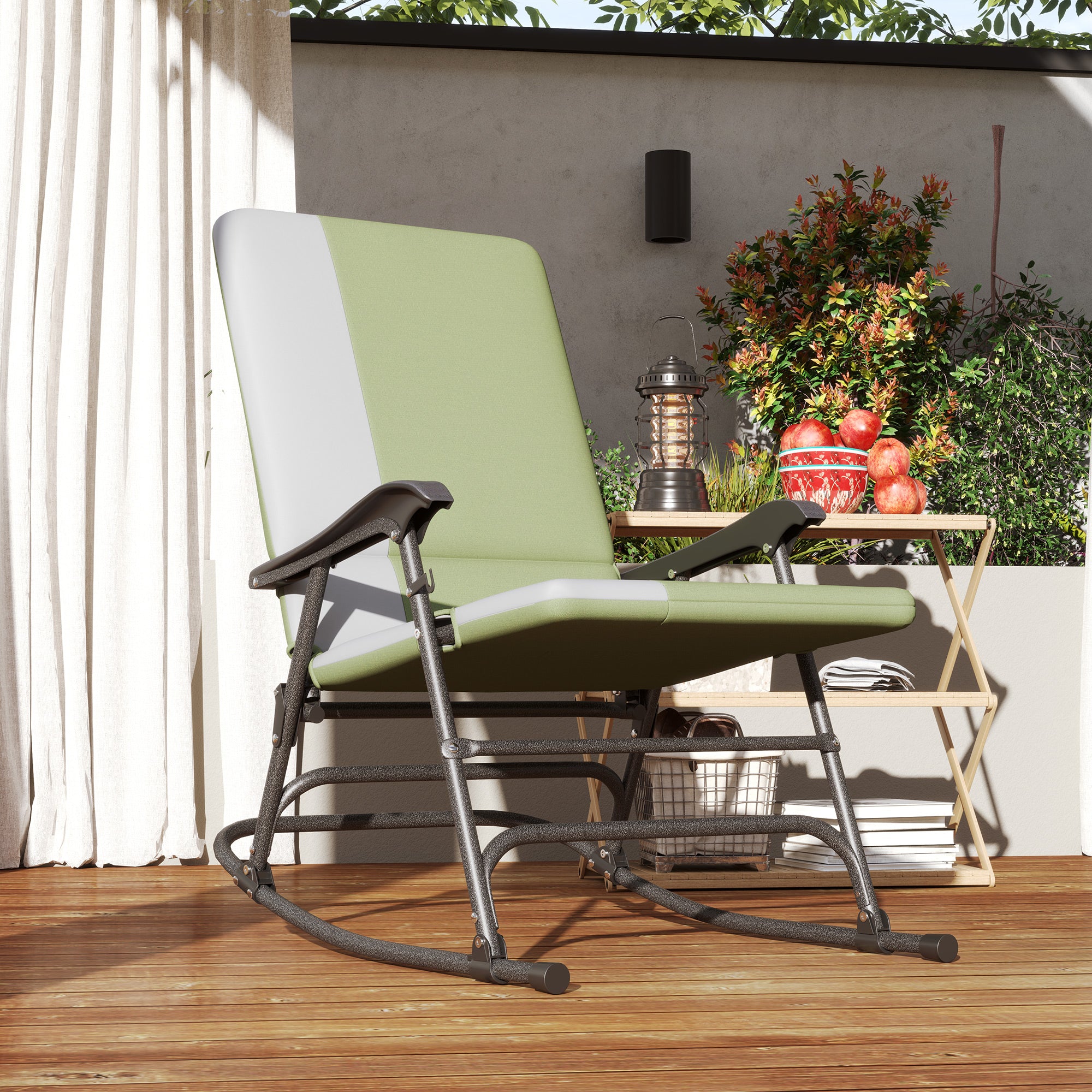 Outsunny Folding Outdoor Rocking Chair Set of 2, Oversized Patio Rocking Camping Chair Set with 400 lbs. Capacity, Wide Seat, Padded High Back for Patio, Porch, Garden, Dark Green