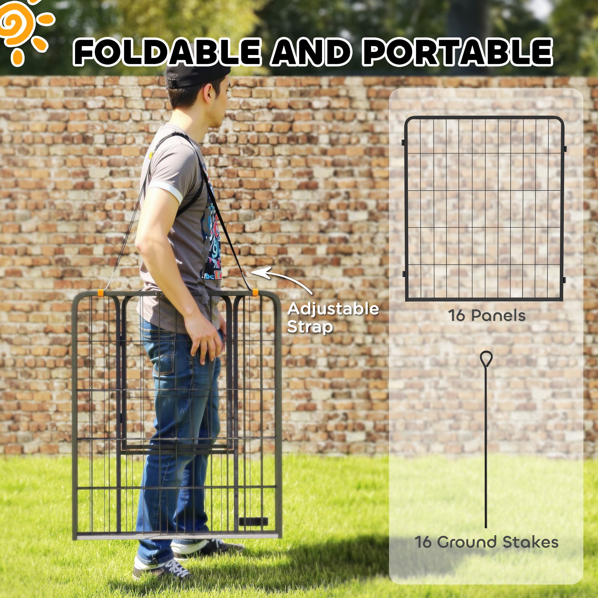 PawHut 16 Panels Dog Playpen, 31.5" H Heavy Duty Dog Pen, Portable & Foldable Dog Fence with Door & Strap for Indoor Outdoor Backyard Garden, Puppy Pet Playpen for Medium Dogs