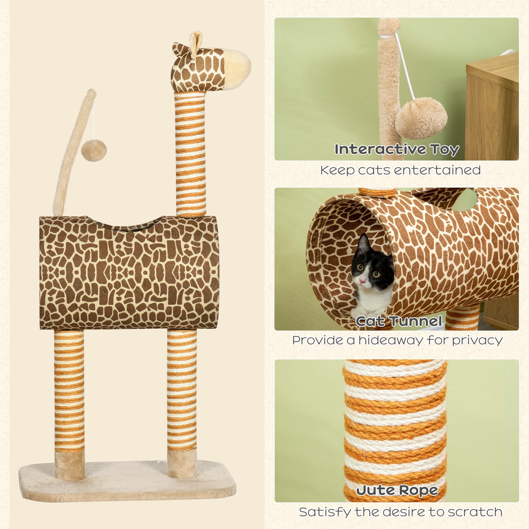 PawHut Cat Tree for Indoor Cats Cute Giraffe Kitten Play Tower w/ Scratching Posts, Tunnel, Toy Ball, 48.5 x 34.5 x 101cm - Beige