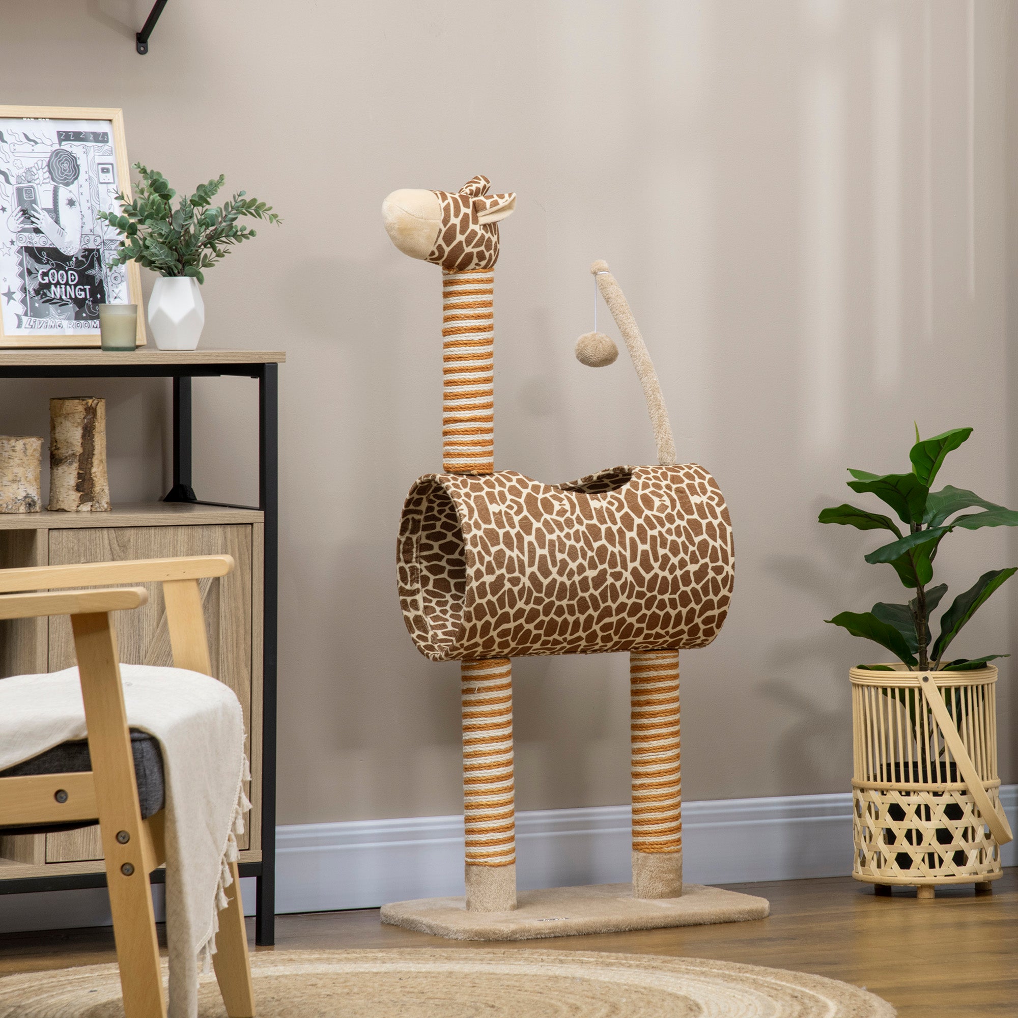 PawHut Cat Tree for Indoor Cats Cute Giraffe Kitten Play Tower w/ Scratching Posts, Tunnel, Toy Ball, 48.5 x 34.5 x 101cm - Beige