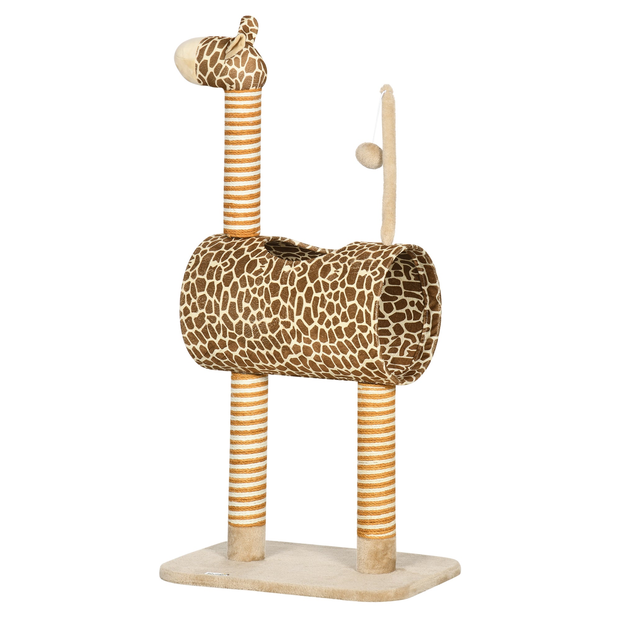 PawHut Cat Tree for Indoor Cats Cute Giraffe Kitten Play Tower w/ Scratching Posts, Tunnel, Toy Ball, 48.5 x 34.5 x 101cm - Beige
