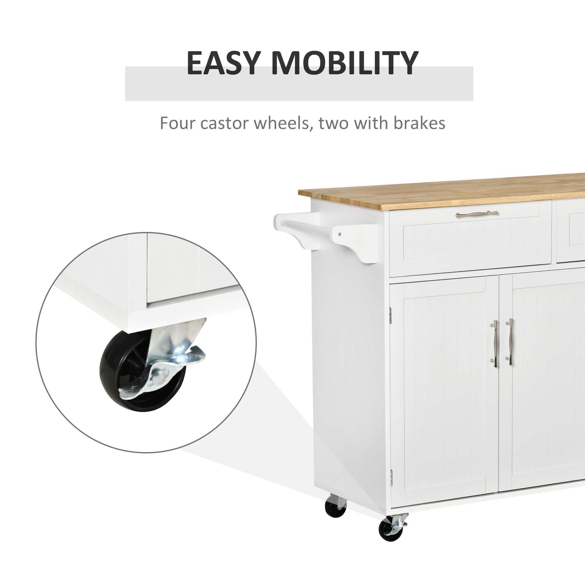 HOMCOM Rolling Kitchen Island, Kitchen Cart on Wheels with 2 Storage Drawers, 3 Door Cabinets and Towel Rack for Dining Room (White, 3-Doors)
