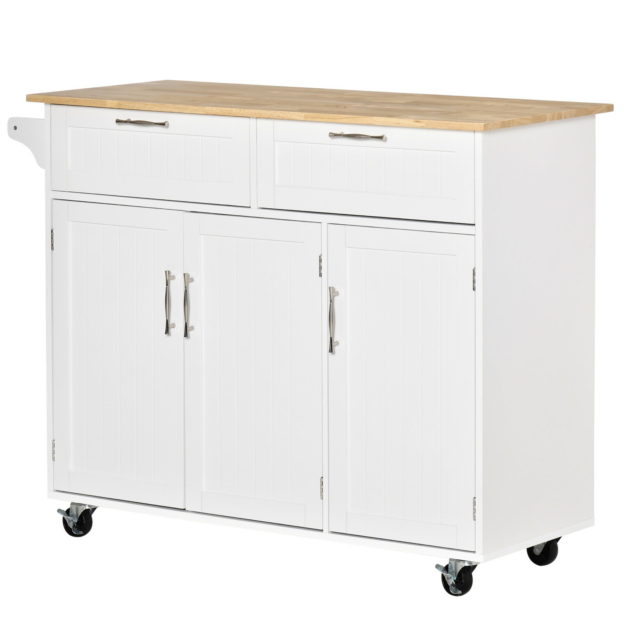 HOMCOM Rolling Kitchen Island, Kitchen Cart on Wheels with 2 Storage Drawers, 3 Door Cabinets and Towel Rack for Dining Room (White, 3-Doors)