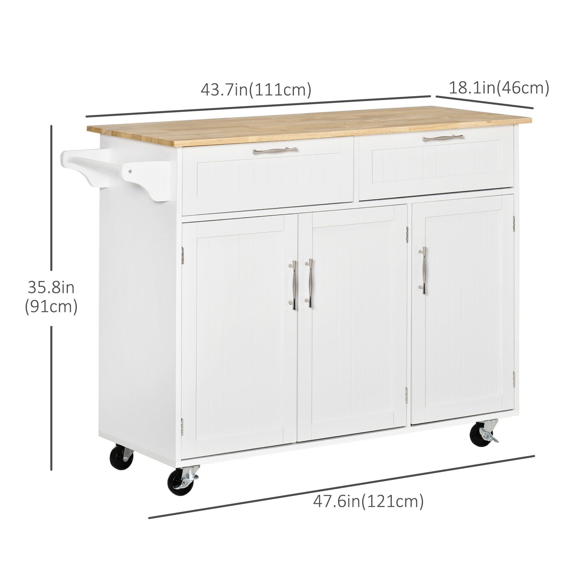 HOMCOM Rolling Kitchen Island, Kitchen Cart on Wheels with 2 Storage Drawers, 3 Door Cabinets and Towel Rack for Dining Room (White, 3-Doors)