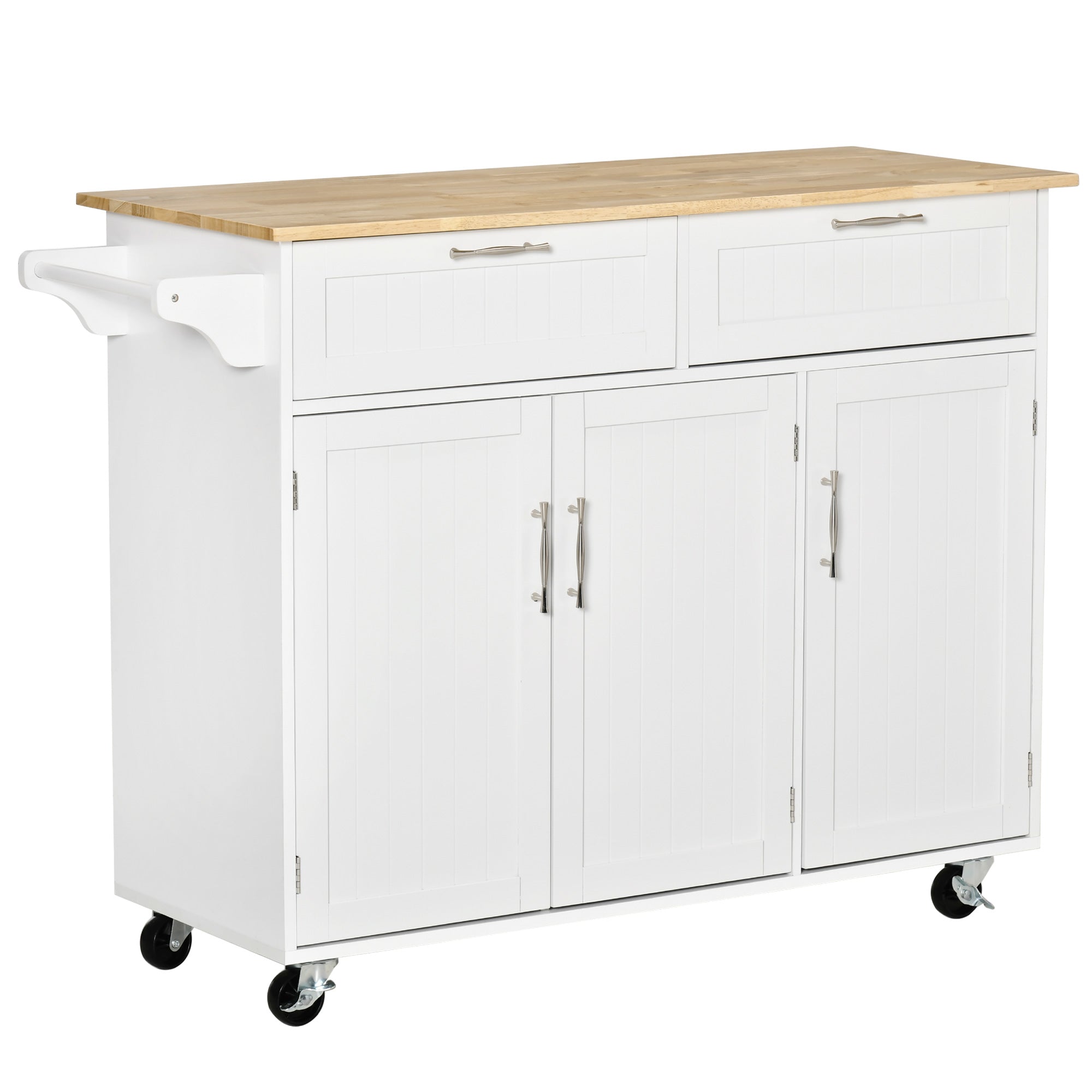 HOMCOM Rolling Kitchen Island, Kitchen Cart on Wheels with 2 Storage Drawers, 3 Door Cabinets and Towel Rack for Dining Room (White, 3-Doors)
