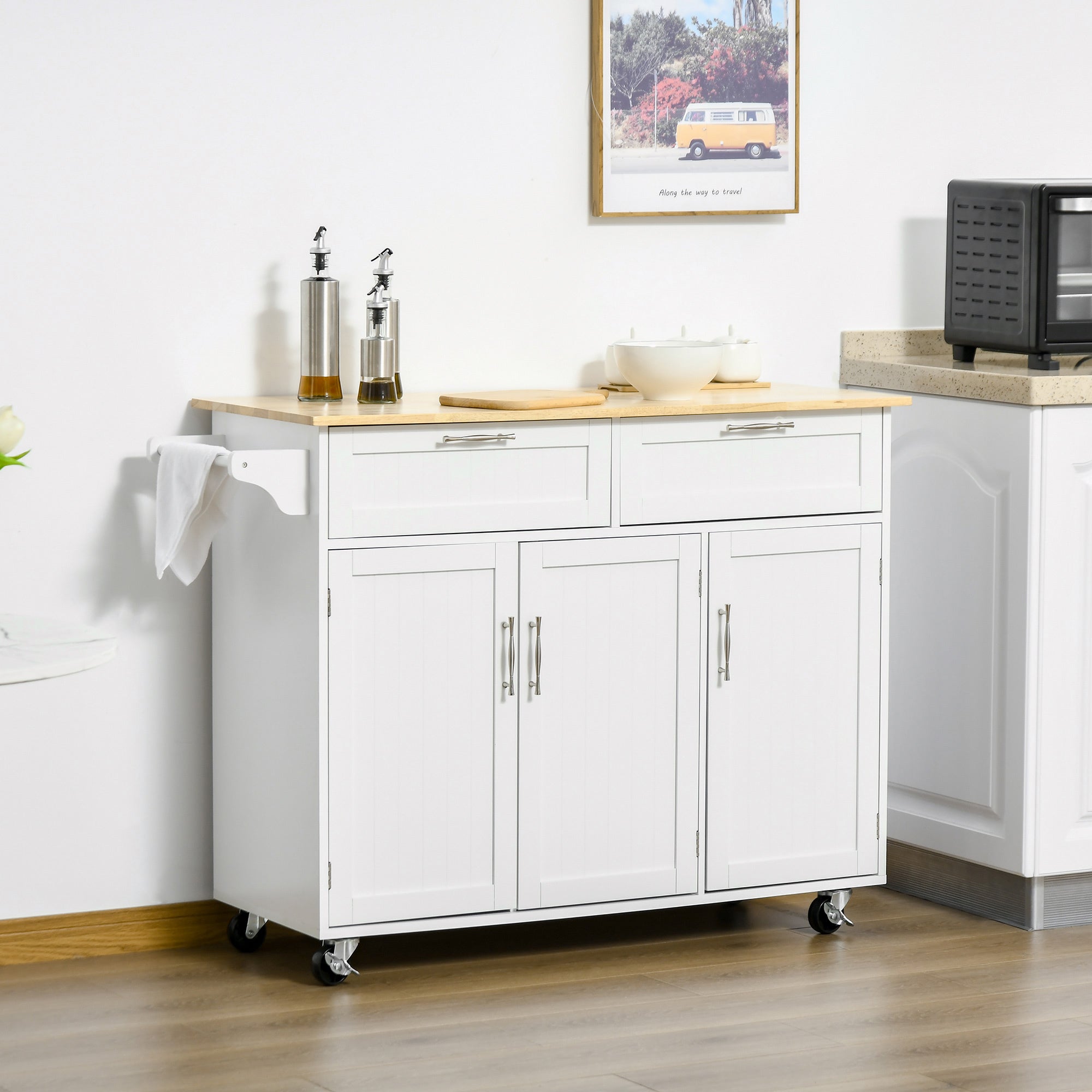 HOMCOM Rolling Kitchen Island, Kitchen Cart on Wheels with 2 Storage Drawers, 3 Door Cabinets and Towel Rack for Dining Room (White, 3-Doors)