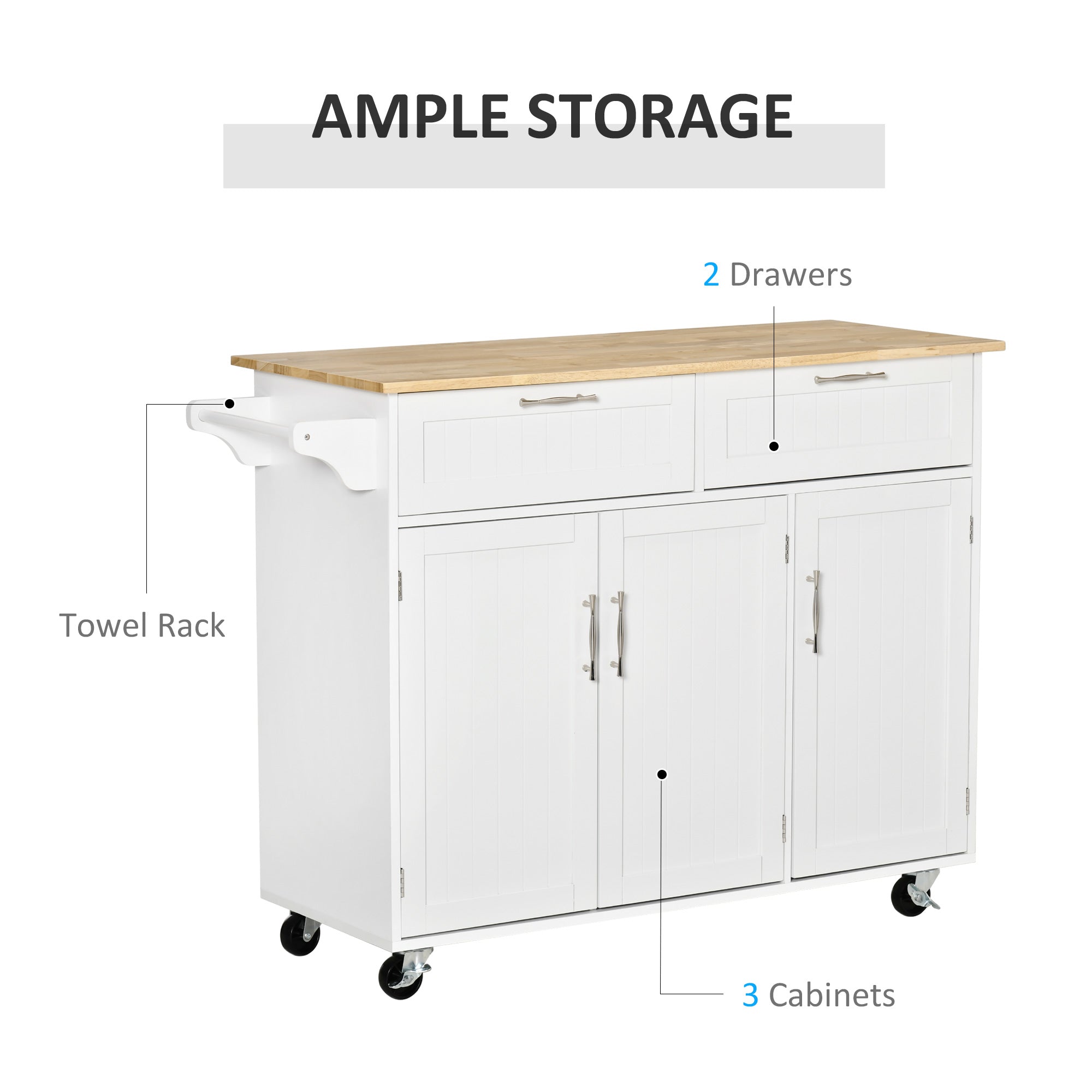 HOMCOM Rolling Kitchen Island, Kitchen Cart on Wheels with 2 Storage Drawers, 3 Door Cabinets and Towel Rack for Dining Room (White, 3-Doors)