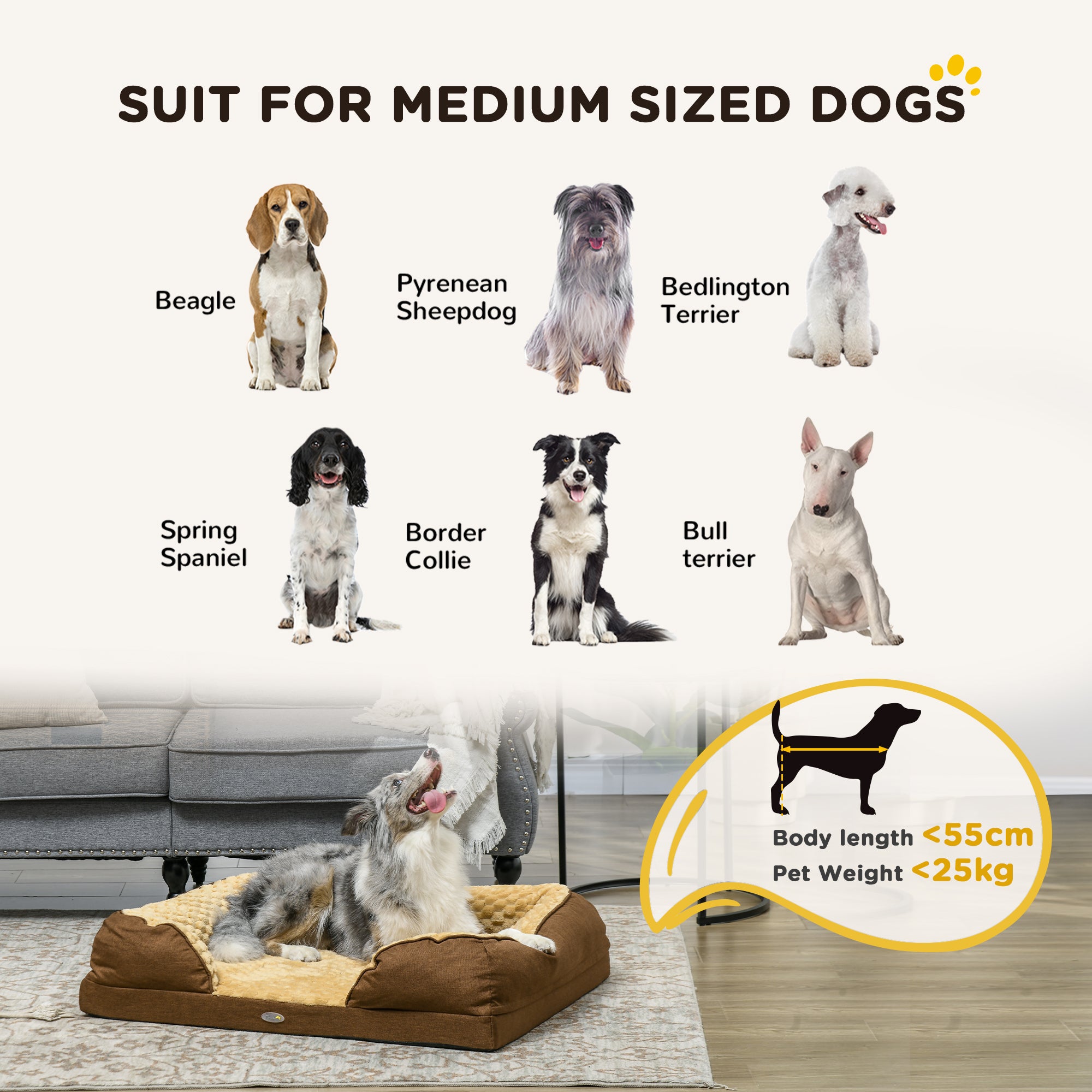 PawHut Dog Sofa Bed Pet Bed Dog Mattress with Removable Washable Cover, Anti-Slip Bottom, for Medium Sized Dogs, 90L x 69W x 21Hcm - Brown