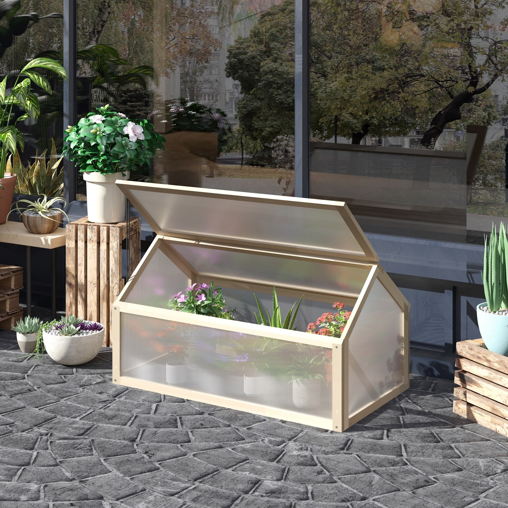 Outsunny Wooden Cold Frame Greenhouse Garden Portable Raised Planter with Openable Top for Indoor, Outdoor, Flowers, Vegetables, Plants, 35.5" x 20.5" x 19.5", Natural Wood