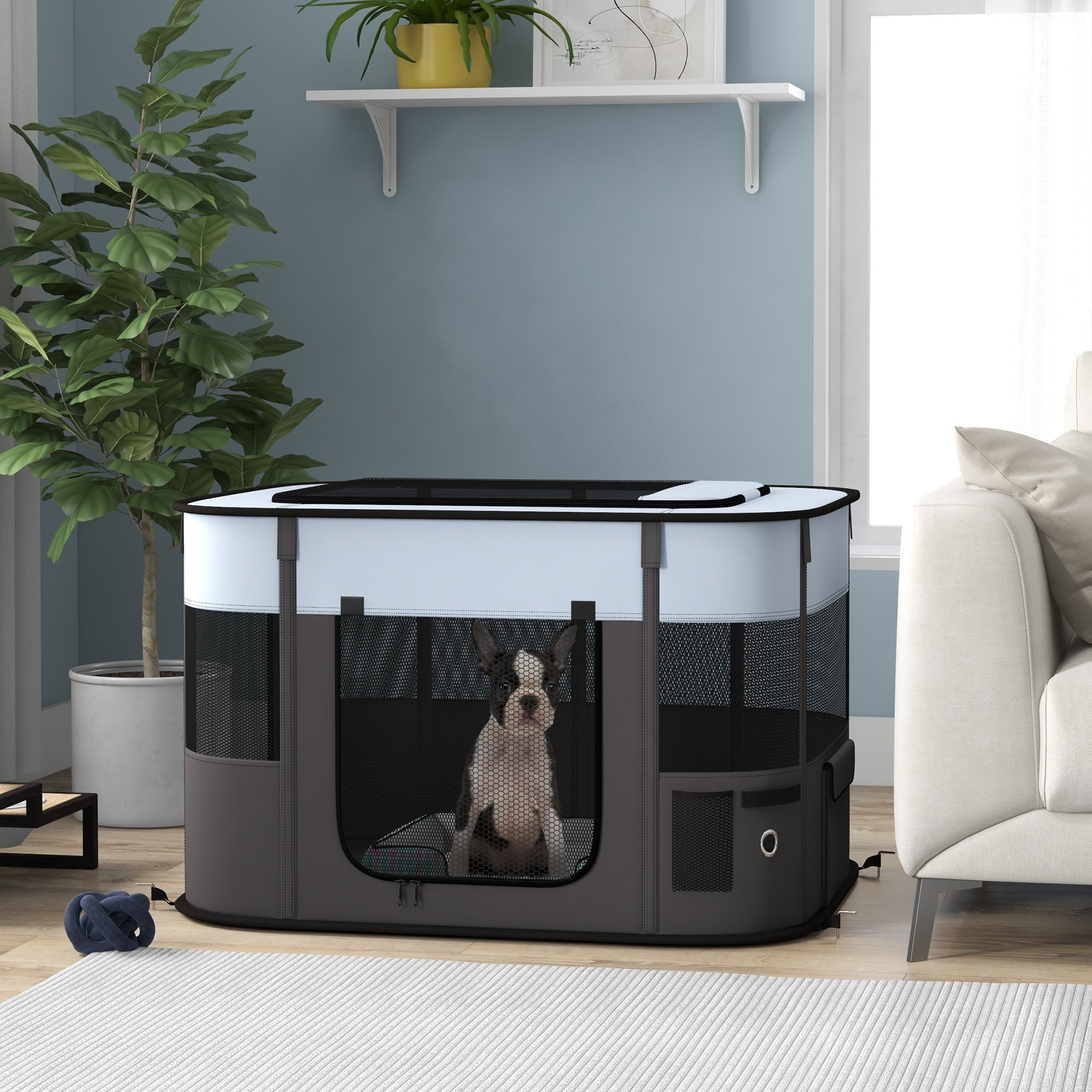 PawHut Dog Pen, Pet Playpen, Portable Foldable Dog Cat Playpen Soft Dog Cage with Storage Bag for Puppies, Rabbits, Kittens, Guinea Pigs, 94 x 74 x 60cm - Grey