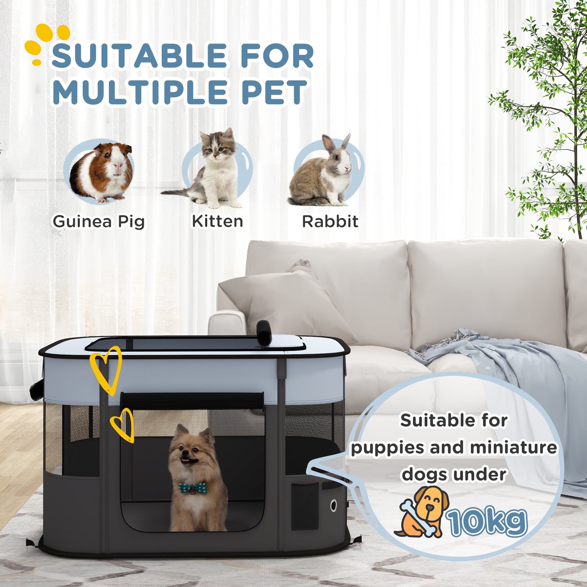 PawHut Dog Pen, Pet Playpen, Portable Foldable Dog Cat Playpen Soft Dog Cage with Storage Bag for Puppies, Rabbits, Kittens, Guinea Pigs, 94 x 74 x 60cm - Grey