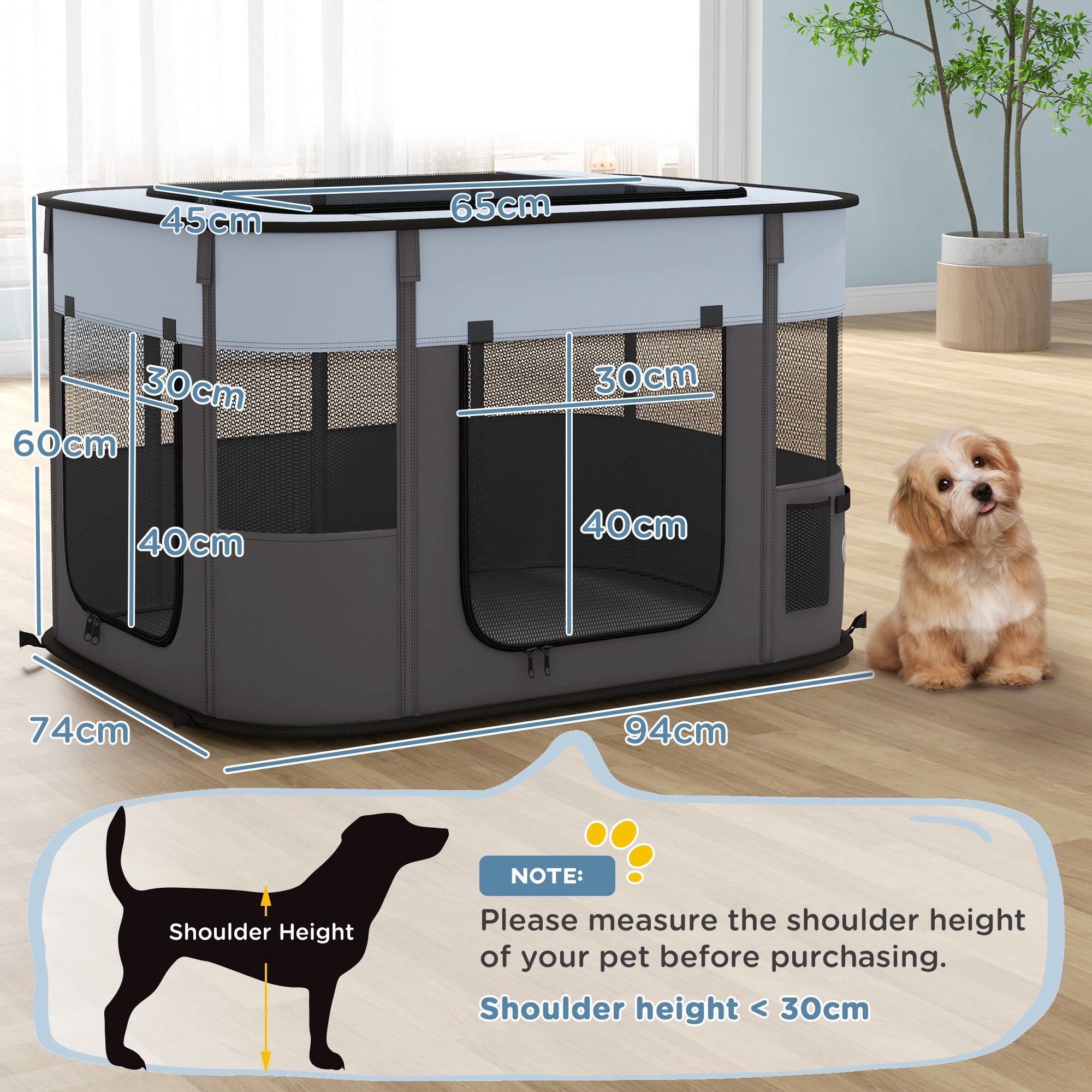 PawHut Dog Pen, Pet Playpen, Portable Foldable Dog Cat Playpen Soft Dog Cage with Storage Bag for Puppies, Rabbits, Kittens, Guinea Pigs, 94 x 74 x 60cm - Grey