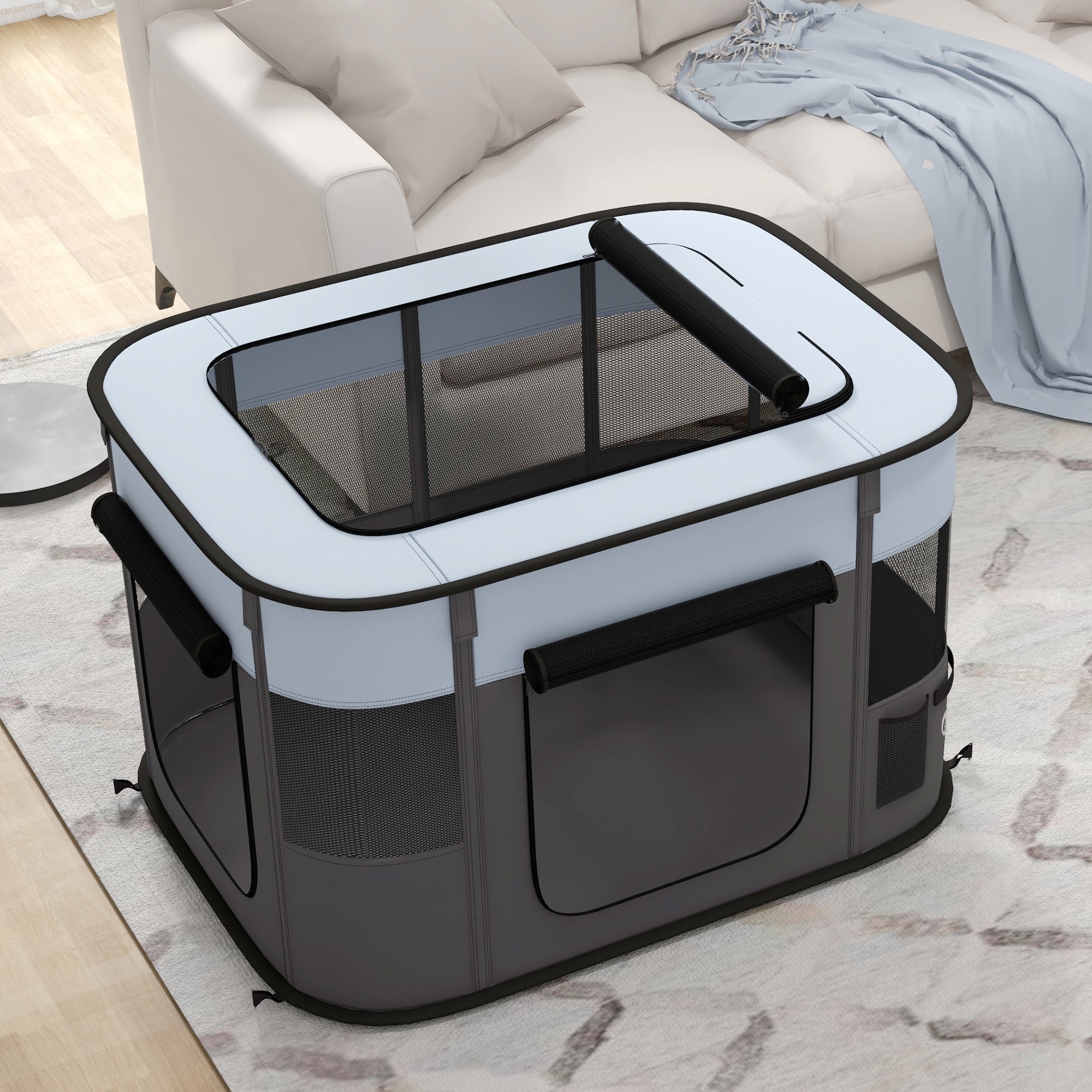 PawHut Dog Pen, Pet Playpen, Portable Foldable Dog Cat Playpen Soft Dog Cage with Storage Bag for Puppies, Rabbits, Kittens, Guinea Pigs, 94 x 74 x 60cm - Grey