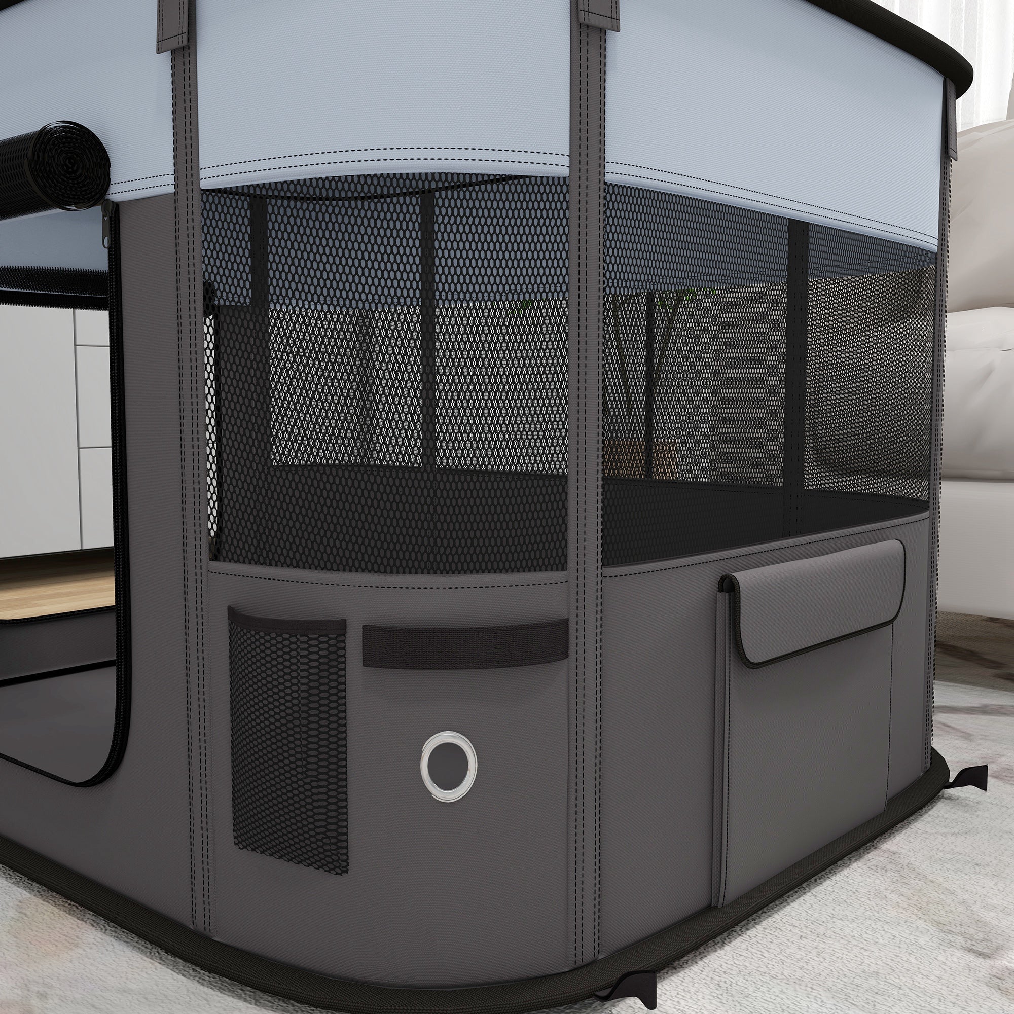 PawHut Dog Pen, Pet Playpen, Portable Foldable Dog Cat Playpen Soft Dog Cage with Storage Bag for Puppies, Rabbits, Kittens, Guinea Pigs, 94 x 74 x 60cm - Grey
