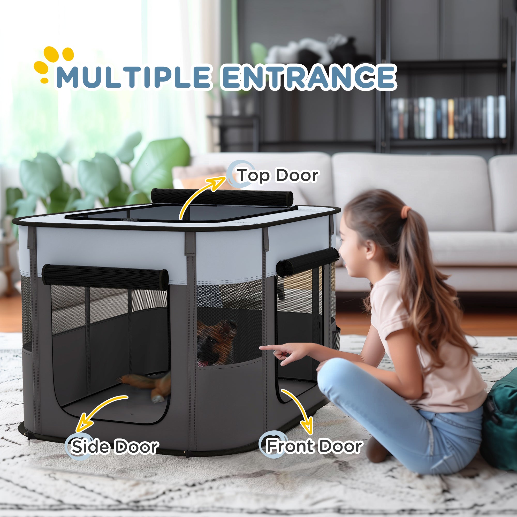 PawHut Dog Pen, Pet Playpen, Portable Foldable Dog Cat Playpen Soft Dog Cage with Storage Bag for Puppies, Rabbits, Kittens, Guinea Pigs, 94 x 74 x 60cm - Grey
