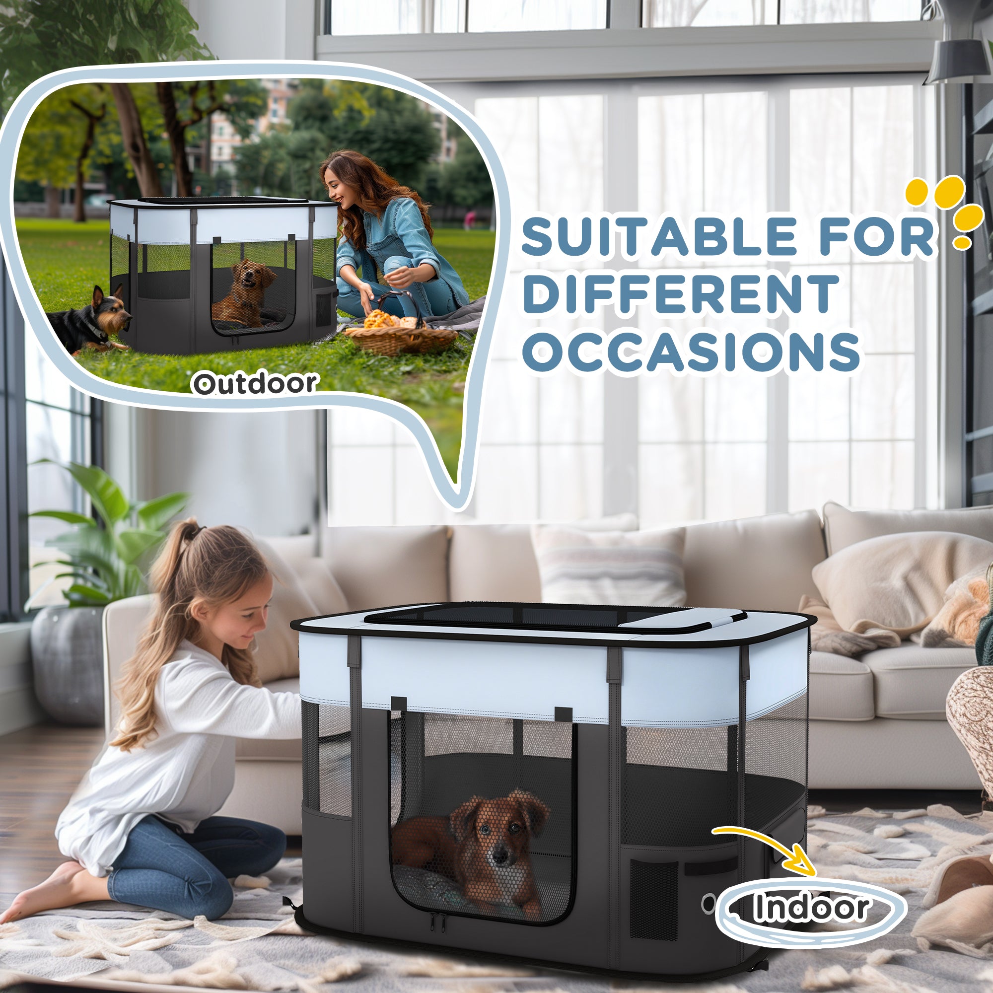 PawHut Dog Pen, Pet Playpen, Portable Foldable Dog Cat Playpen Soft Dog Cage with Storage Bag for Puppies, Rabbits, Kittens, Guinea Pigs, 94 x 74 x 60cm - Grey