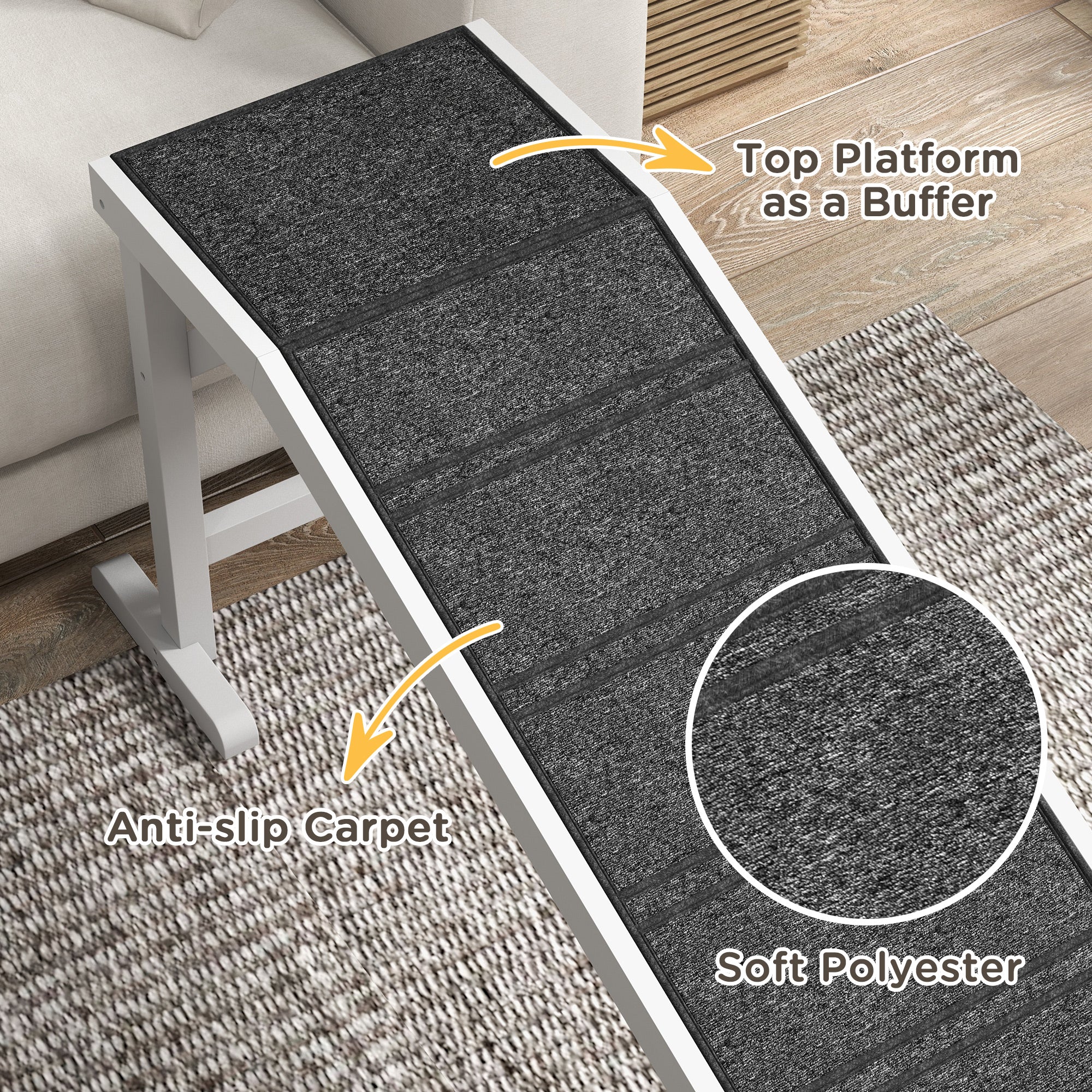 PawHut Pet Ramp Bed Steps for Dogs Cats Non-slip Carpet Top Platform Pine Wood 74"L x 16"W x 25"H White