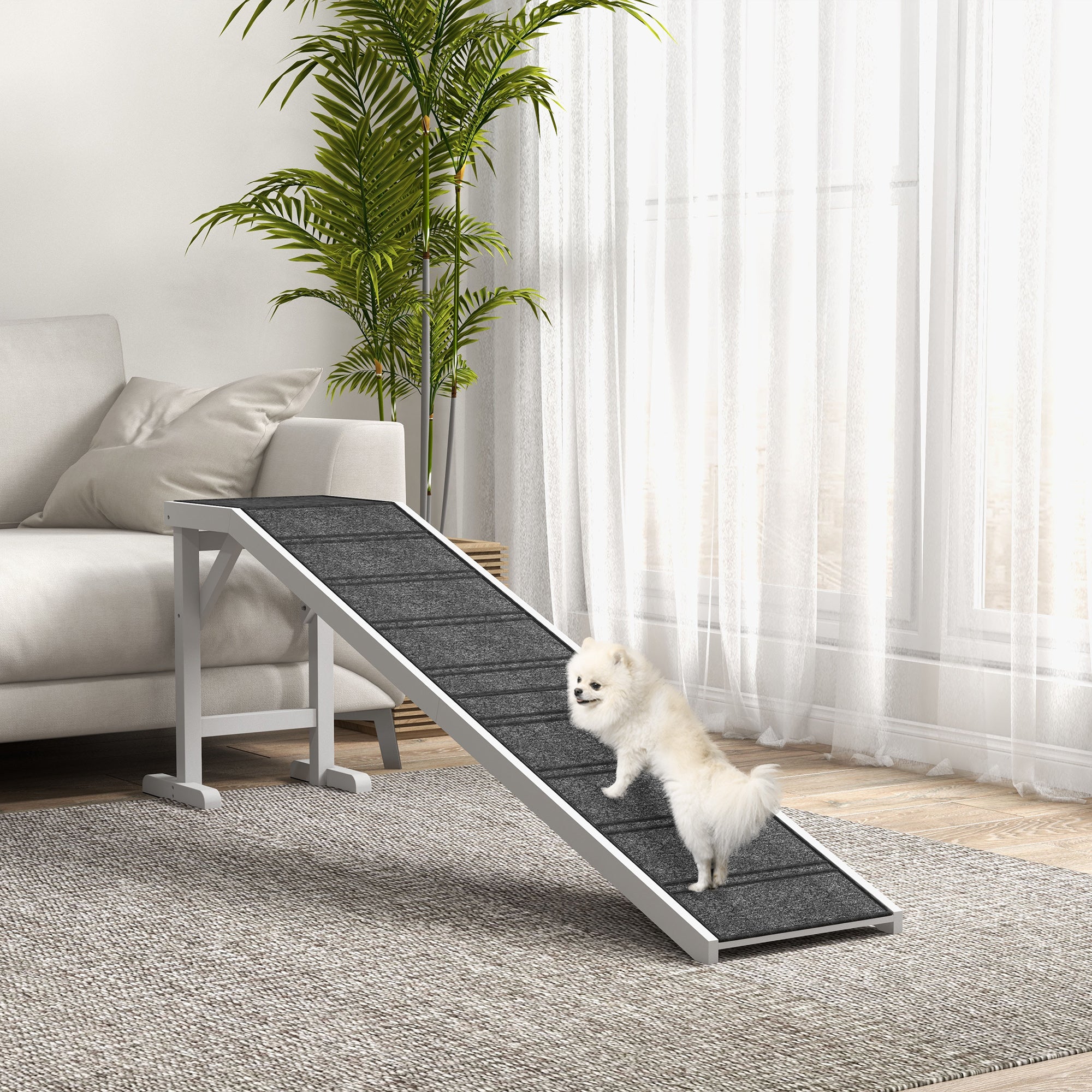 PawHut Pet Ramp Bed Steps for Dogs Cats Non-slip Carpet Top Platform Pine Wood 74"L x 16"W x 25"H White