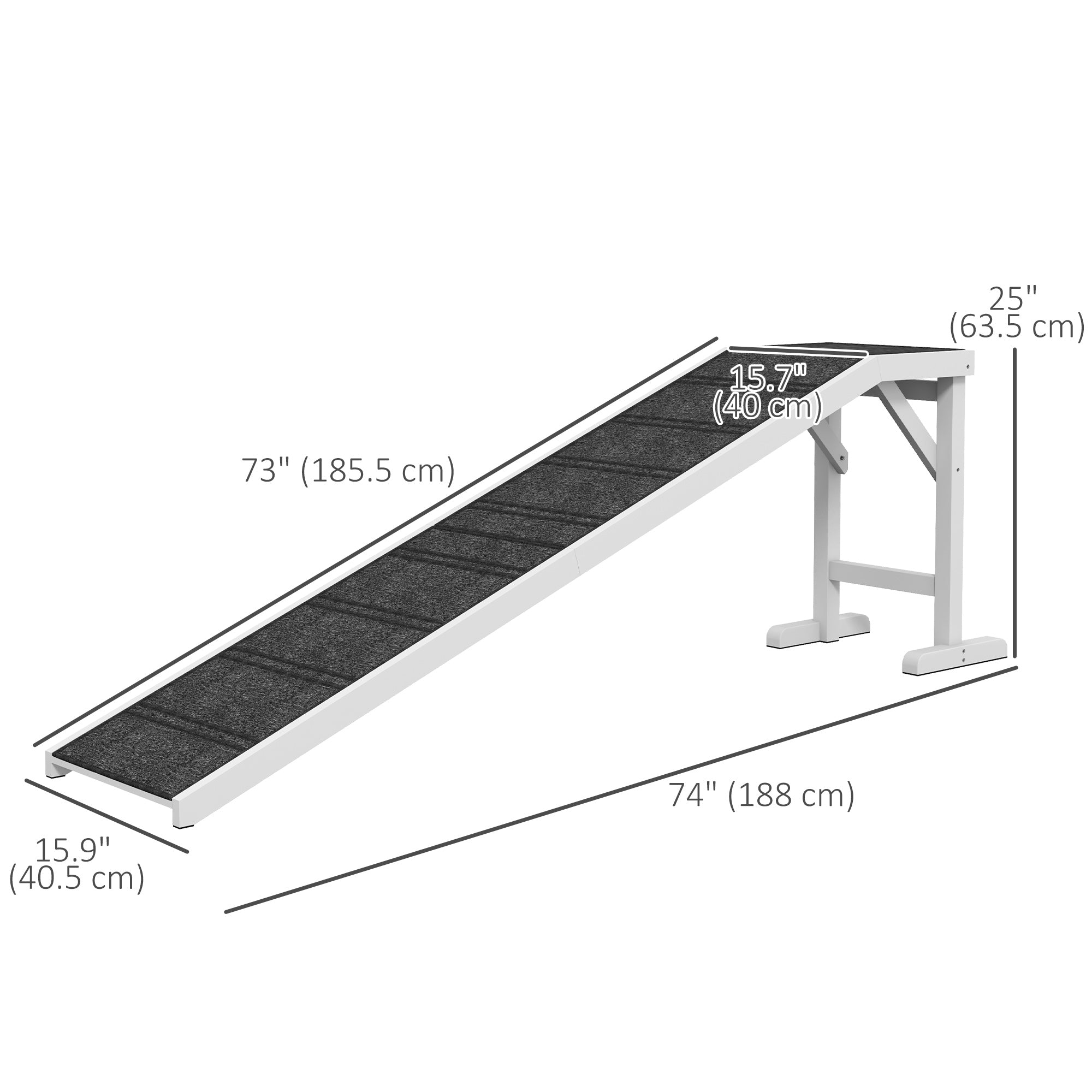 PawHut Pet Ramp Bed Steps for Dogs Cats Non-slip Carpet Top Platform Pine Wood 74"L x 16"W x 25"H White