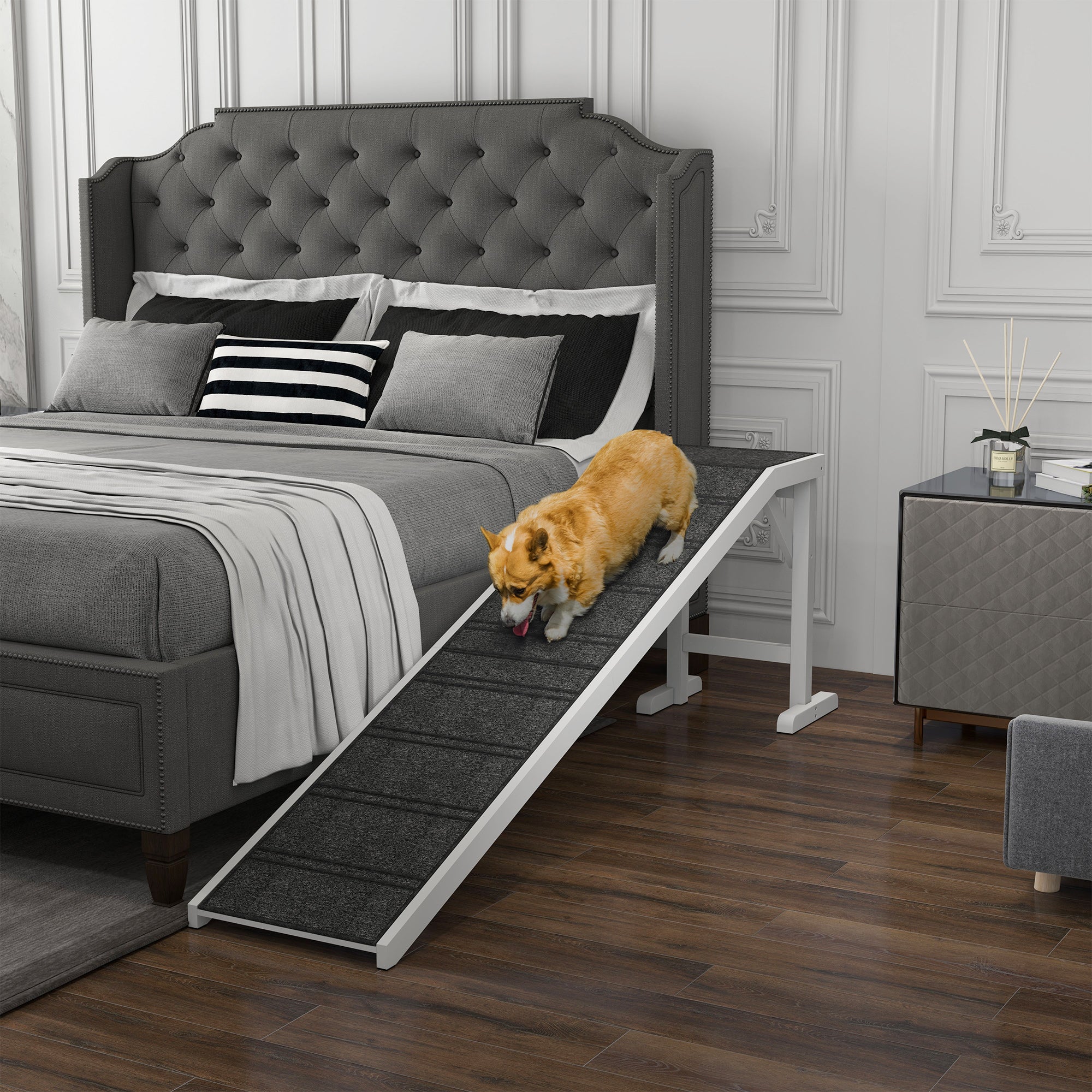 PawHut Pet Ramp Bed Steps for Dogs Cats Non-slip Carpet Top Platform Pine Wood 74"L x 16"W x 25"H White