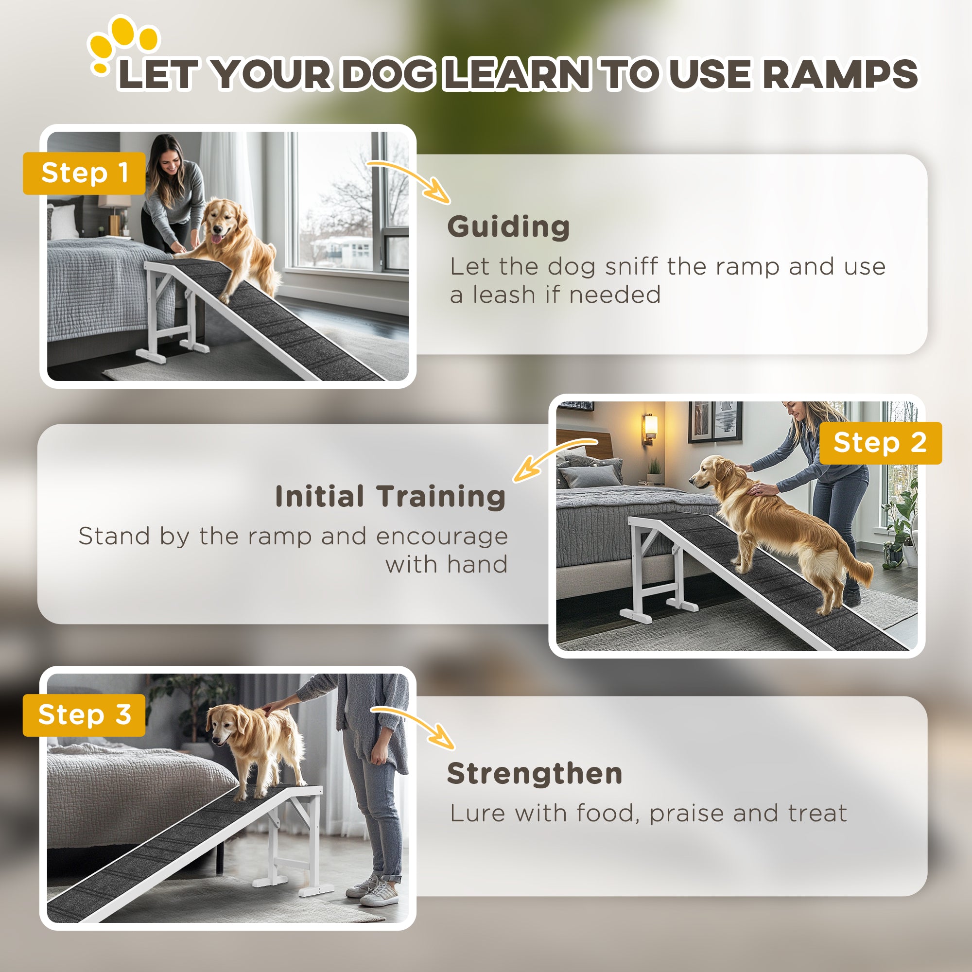 PawHut Pet Ramp Bed Steps for Dogs Cats Non-slip Carpet Top Platform Pine Wood 74"L x 16"W x 25"H White