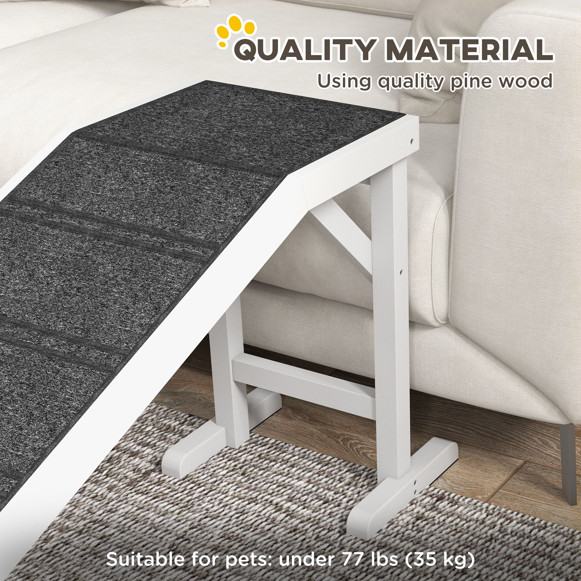 PawHut Pet Ramp Bed Steps for Dogs Cats Non-slip Carpet Top Platform Pine Wood 74"L x 16"W x 25"H White