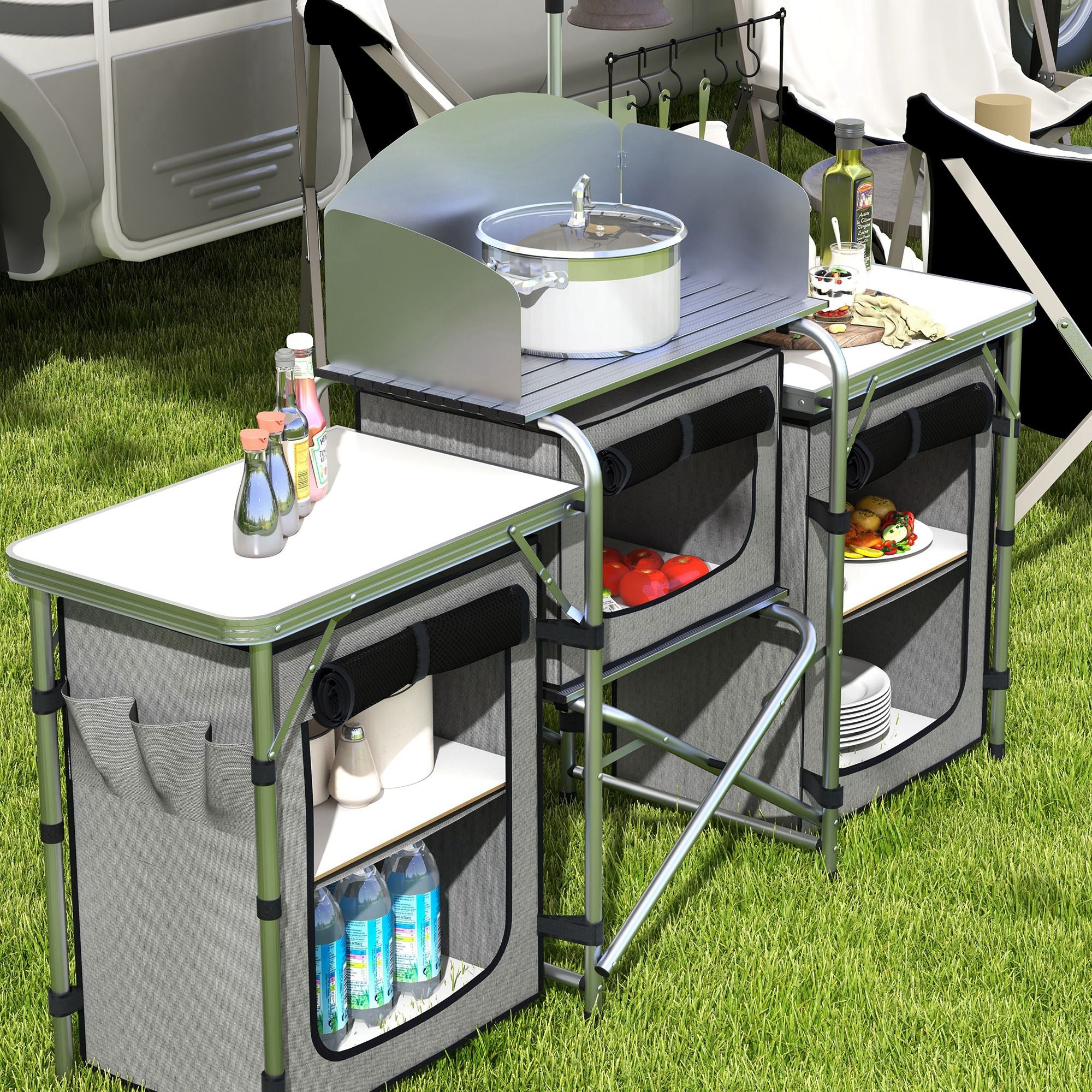Outsunny Folding Camping Kitchen Table with Storage, Aluminum Portable Camping Table with 3 Fabric Cupboards, Windshield, Light Stand, Carrying Bag for BBQ, RV, Picnic, Grey