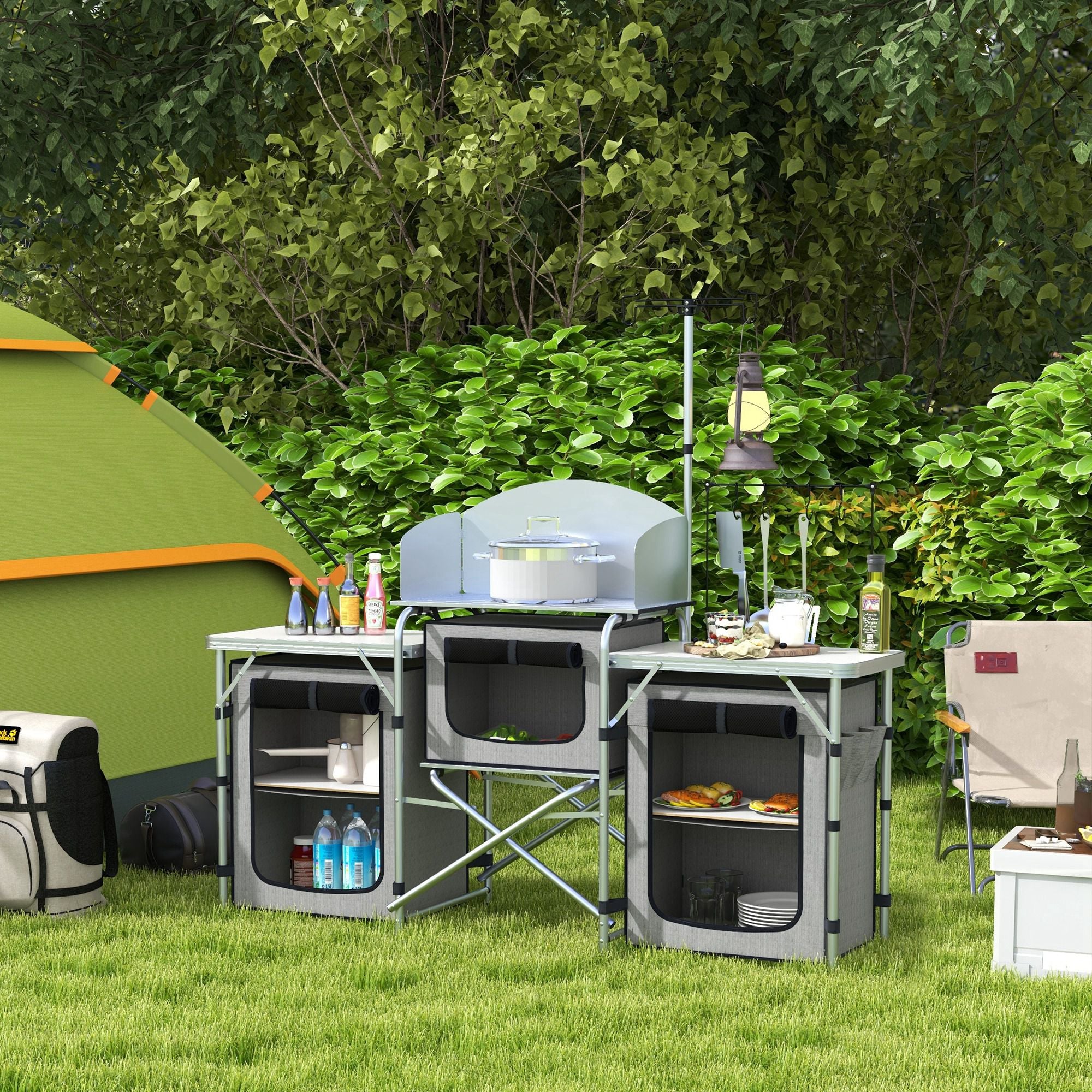 Outsunny Folding Camping Kitchen Table with Storage, Aluminum Portable Camping Table with 3 Fabric Cupboards, Windshield, Light Stand, Carrying Bag for BBQ, RV, Picnic, Grey