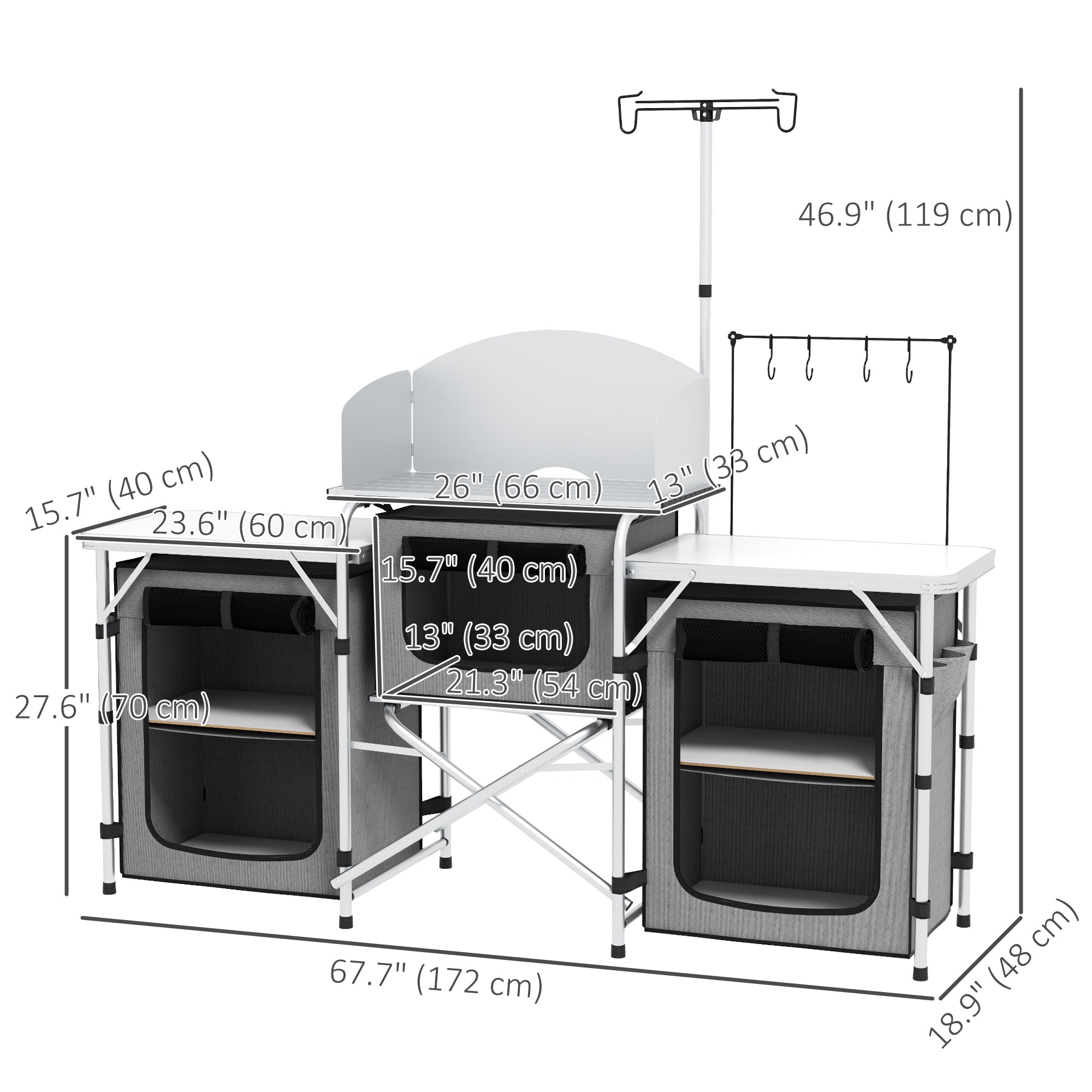 Outsunny Folding Camping Kitchen Table with Storage, Aluminum Portable Camping Table with 3 Fabric Cupboards, Windshield, Light Stand, Carrying Bag for BBQ, RV, Picnic, Grey
