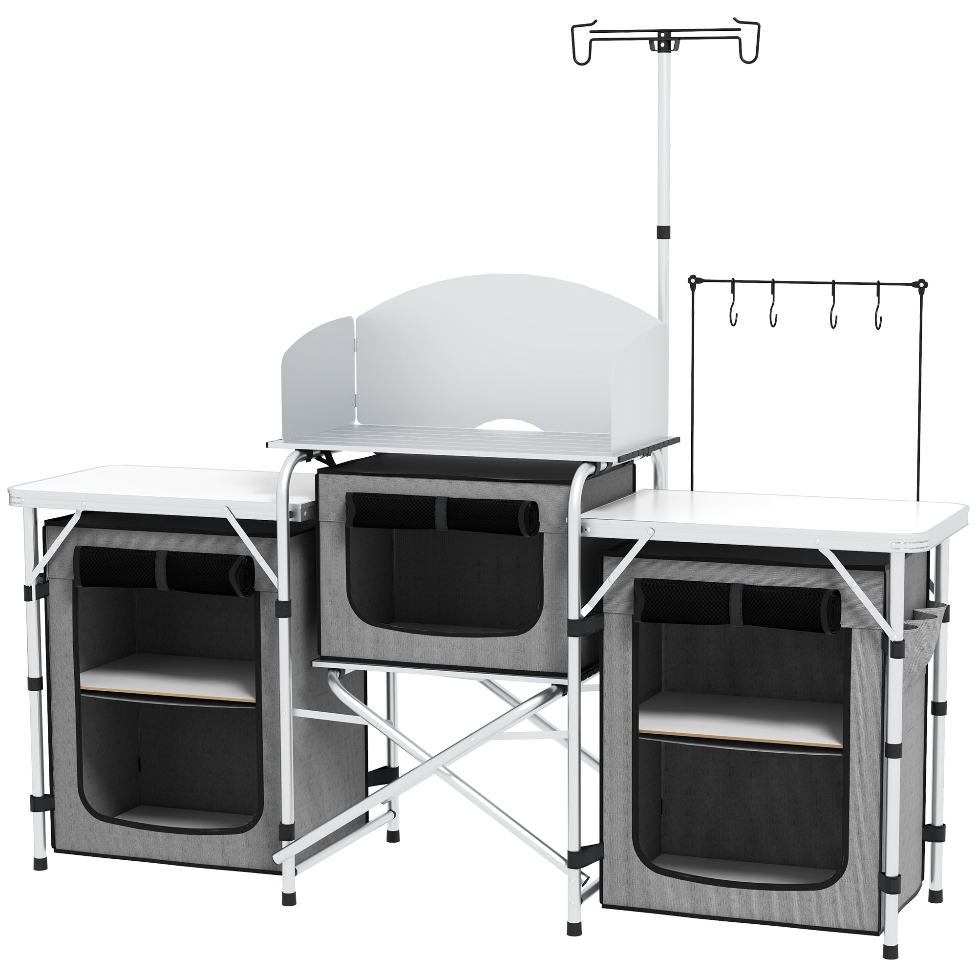 Outsunny Folding Camping Kitchen Table with Storage, Aluminum Portable Camping Table with 3 Fabric Cupboards, Windshield, Light Stand, Carrying Bag for BBQ, RV, Picnic, Grey