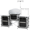 Outsunny Folding Camping Kitchen Table with Storage, Aluminum Portable Camping Table with 3 Fabric Cupboards, Windshield, Light Stand, Carrying Bag for BBQ, RV, Picnic, Grey