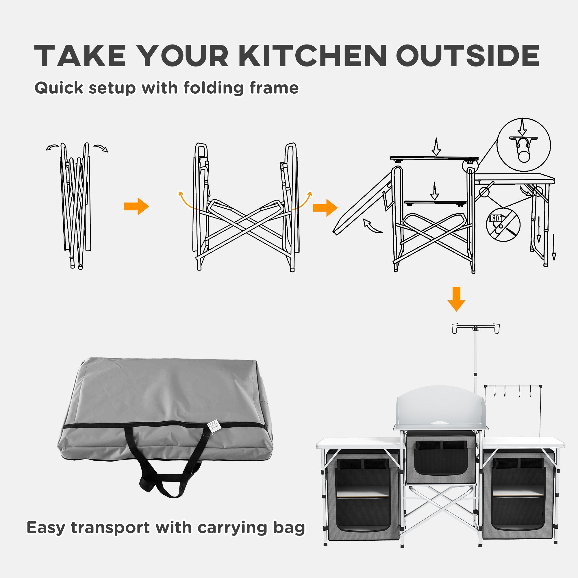 Outsunny Folding Camping Kitchen Table with Storage, Aluminum Portable Camping Table with 3 Fabric Cupboards, Windshield, Light Stand, Carrying Bag for BBQ, RV, Picnic, Grey