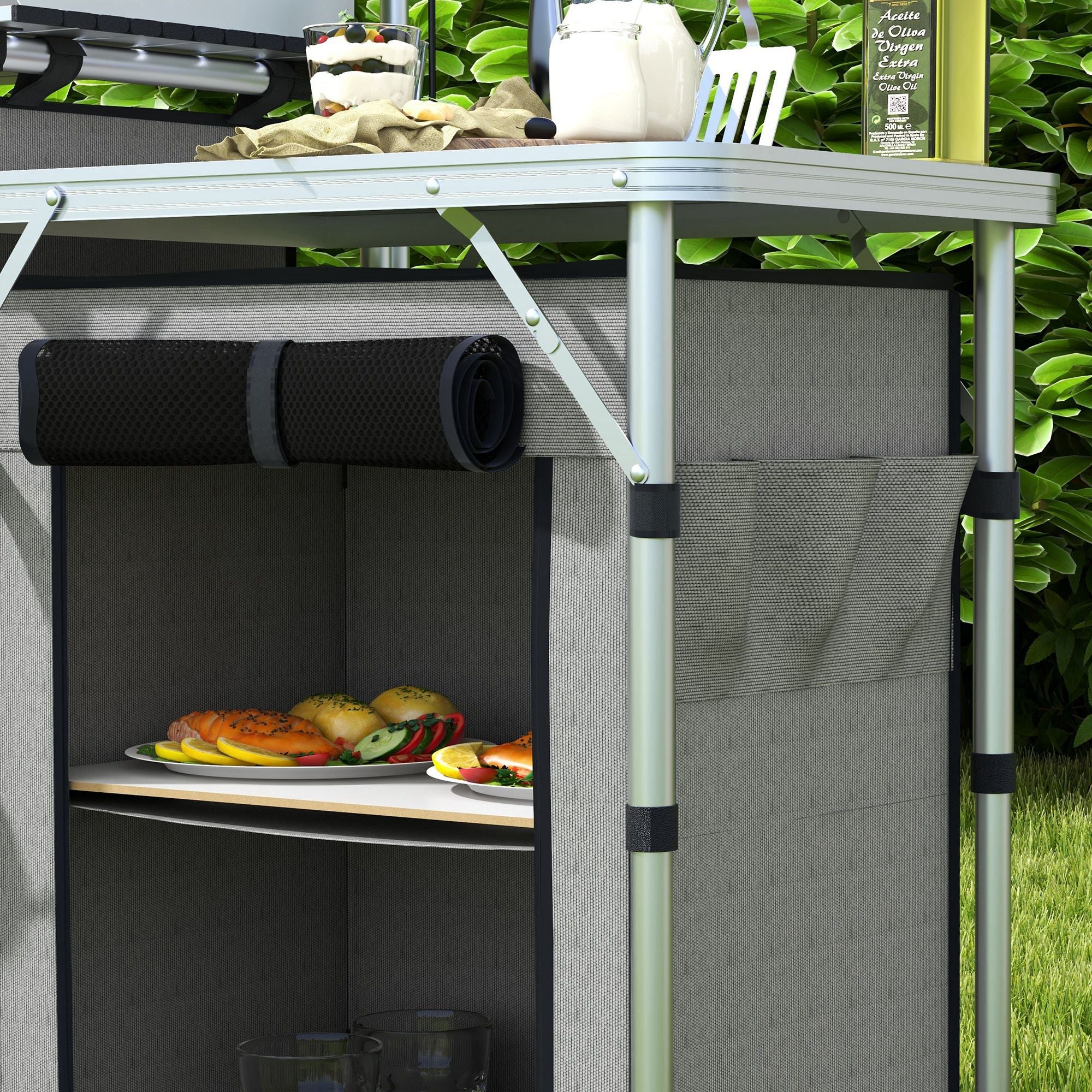 Outsunny Folding Camping Kitchen Table with Storage, Aluminum Portable Camping Table with 3 Fabric Cupboards, Windshield, Light Stand, Carrying Bag for BBQ, RV, Picnic, Grey
