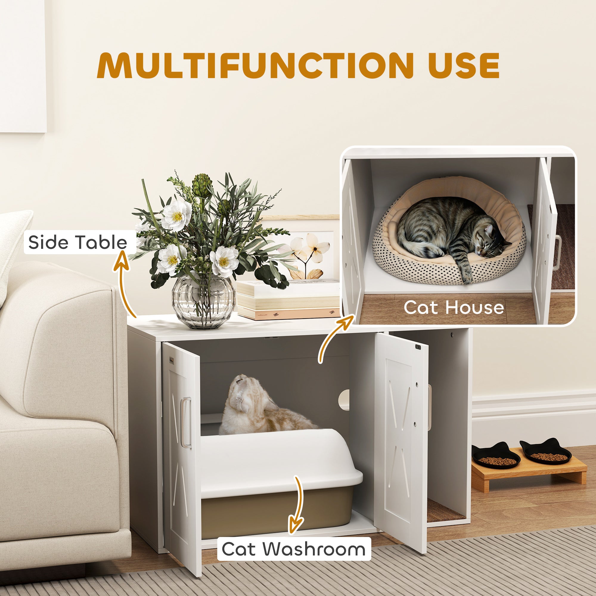 PawHut Cat Litter Box Enclosure, Hidden Cat Litter Box Furniture with Scratching Board, Cat House End Table Fit for Most Litter Box and Cats, 31.5" x 19" x 20", White