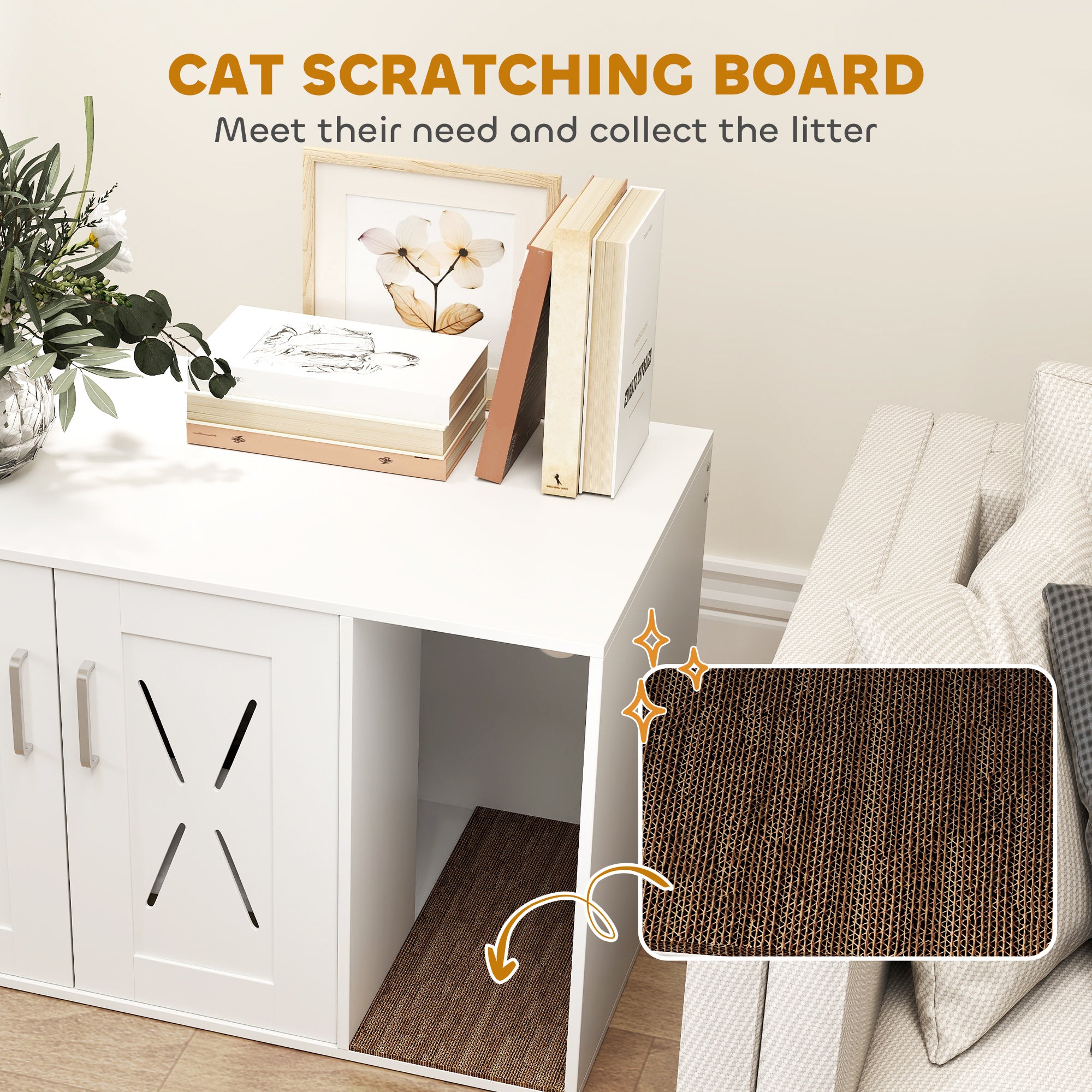 PawHut Cat Litter Box Enclosure, Hidden Cat Litter Box Furniture with Scratching Board, Cat House End Table Fit for Most Litter Box and Cats, 31.5" x 19" x 20", White