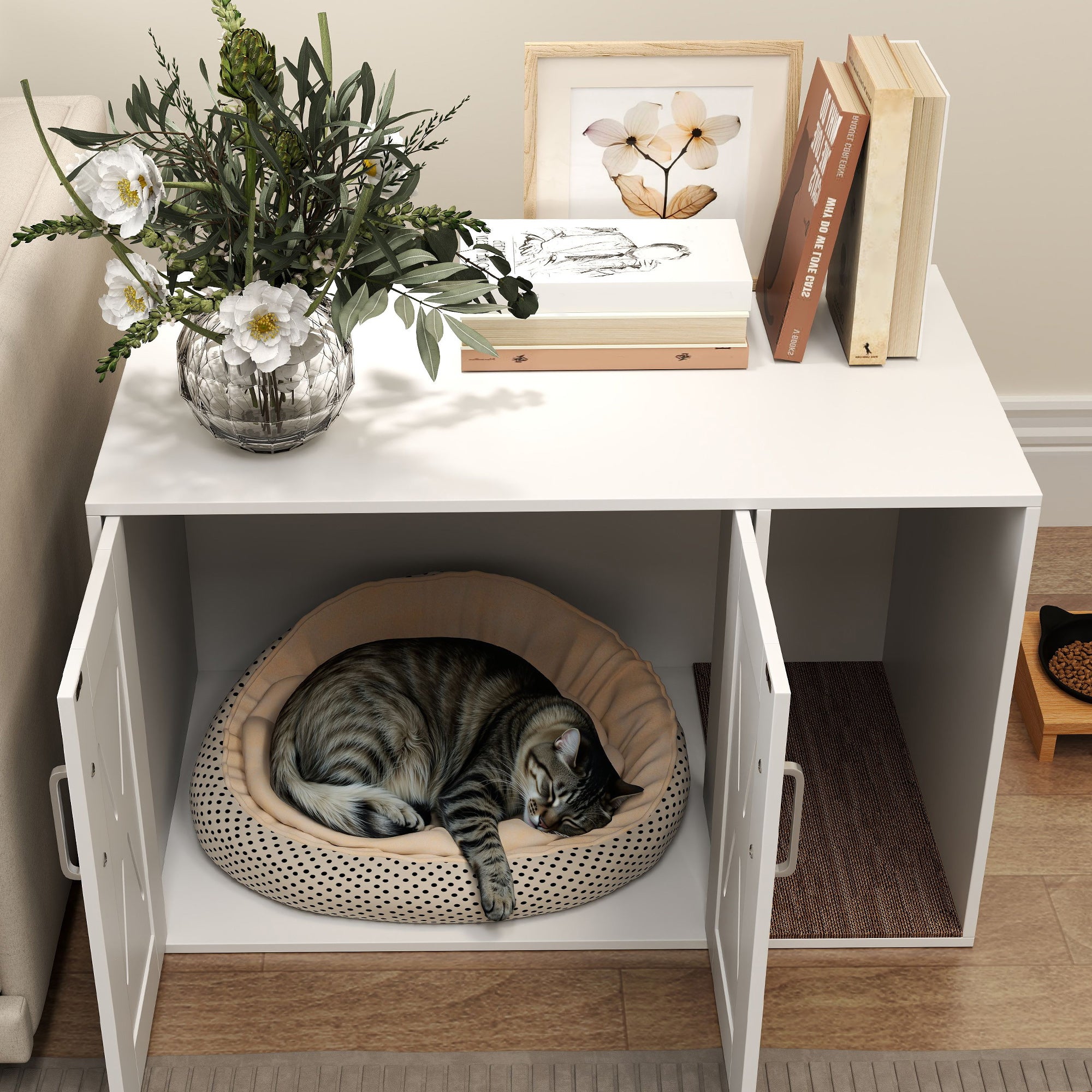 PawHut Cat Litter Box Enclosure, Hidden Cat Litter Box Furniture with Scratching Board, Cat House End Table Fit for Most Litter Box and Cats, 31.5" x 19" x 20", White