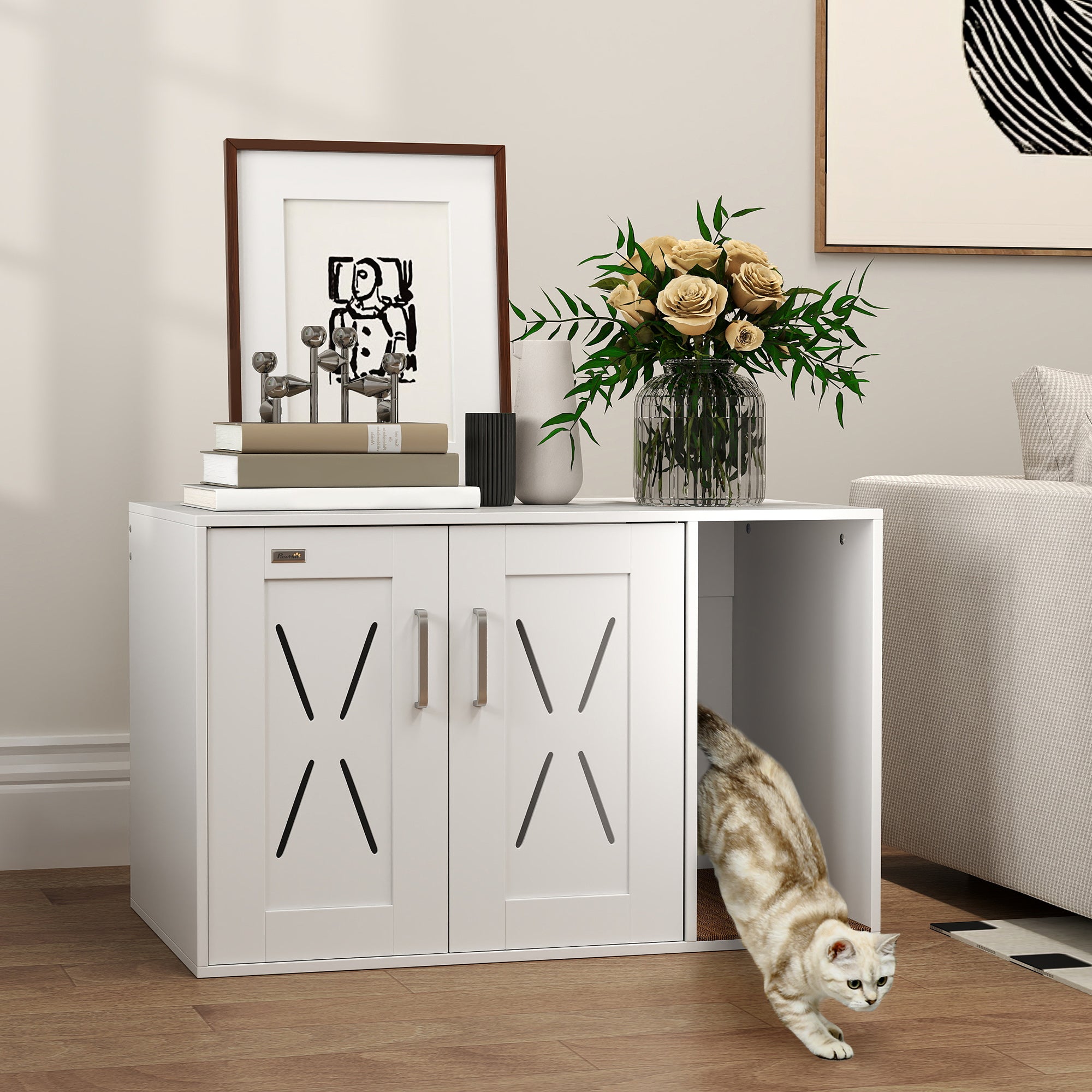 PawHut Cat Litter Box Enclosure, Hidden Cat Litter Box Furniture with Scratching Board, Cat House End Table Fit for Most Litter Box and Cats, 31.5" x 19" x 20", White