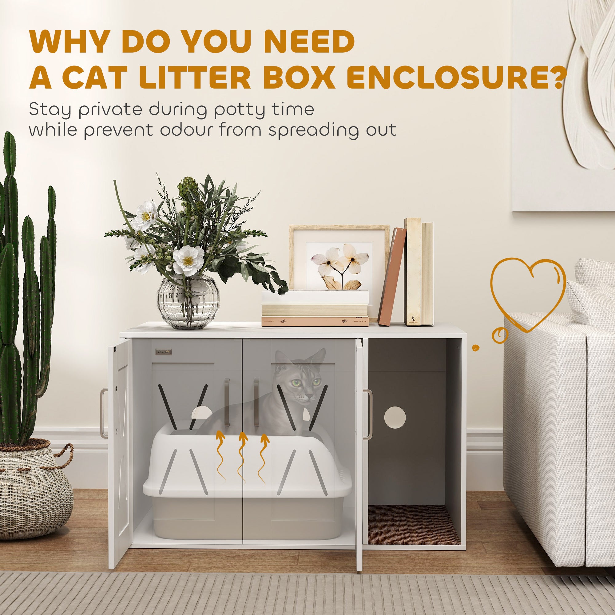 PawHut Cat Litter Box Enclosure, Hidden Cat Litter Box Furniture with Scratching Board, Cat House End Table Fit for Most Litter Box and Cats, 31.5" x 19" x 20", White