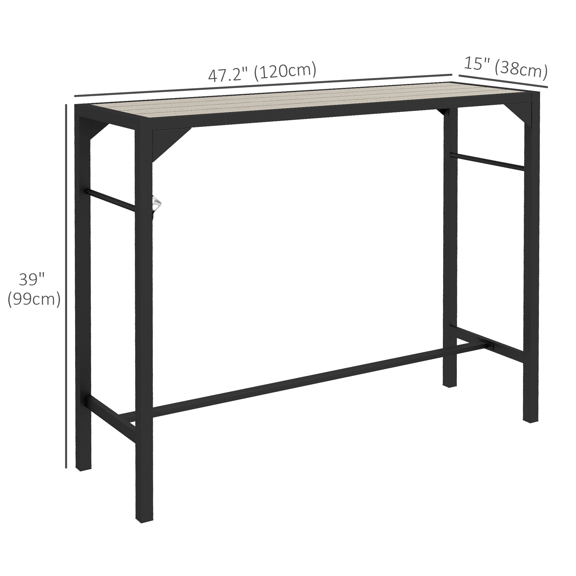 Outsunny 47" Outdoor Bar Table, Bar Height Patio Table with Built-In Bottle Opener and Steel Frame, Garden Table with Plastic Board with Wood Grain Effect, Light Brown