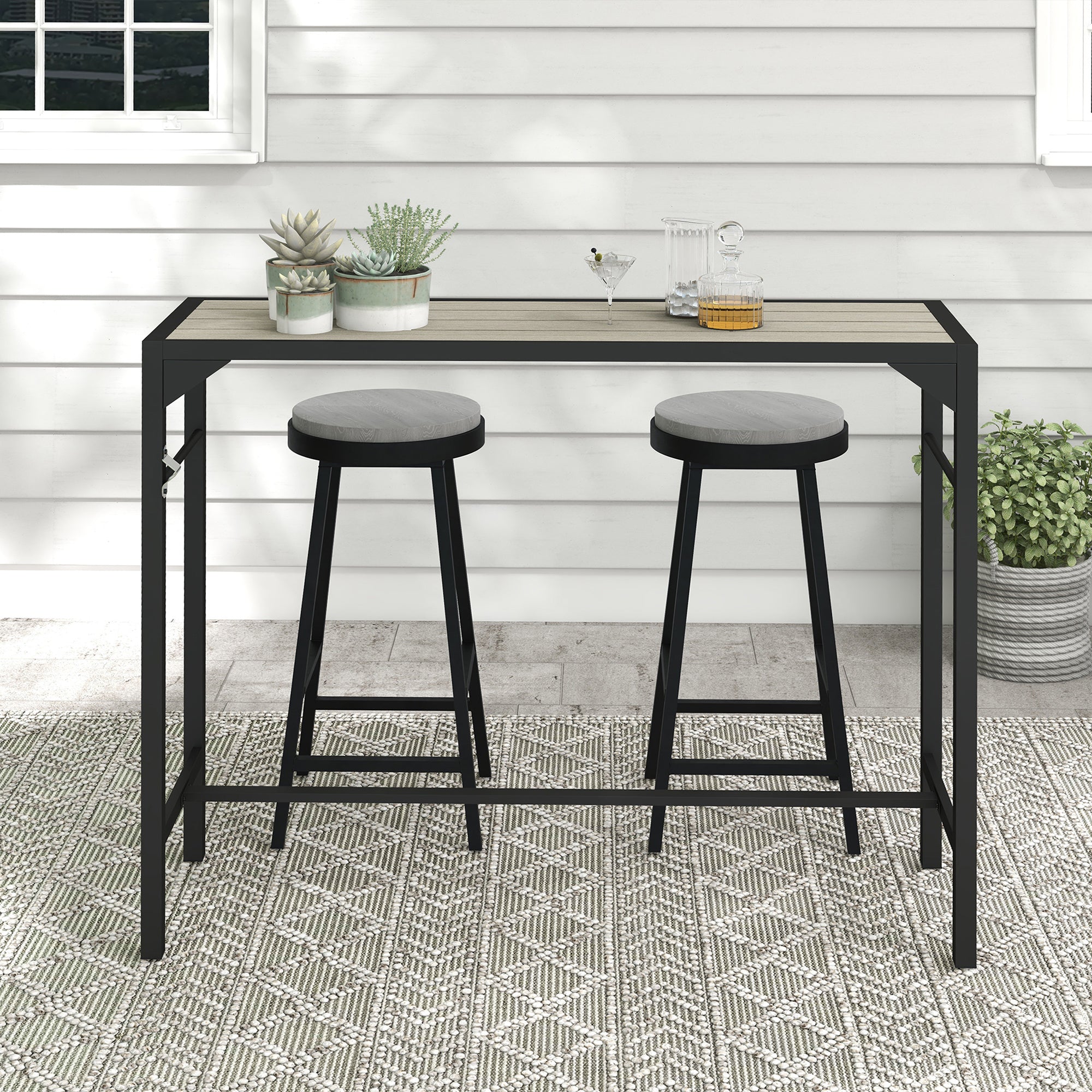 Outsunny 47" Outdoor Bar Table, Bar Height Patio Table with Built-In Bottle Opener and Steel Frame, Garden Table with Plastic Board with Wood Grain Effect, Light Brown