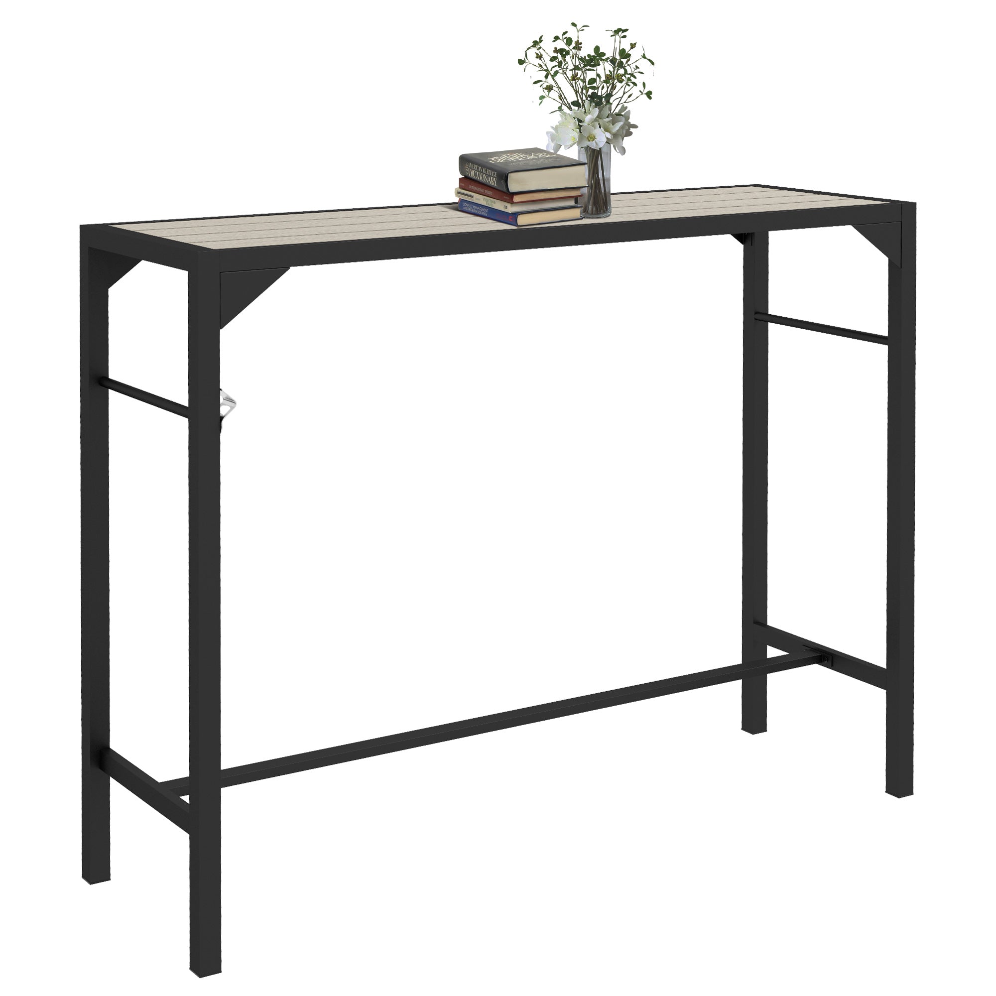 Outsunny 47" Outdoor Bar Table, Bar Height Patio Table with Built-In Bottle Opener and Steel Frame, Garden Table with Plastic Board with Wood Grain Effect, Light Brown