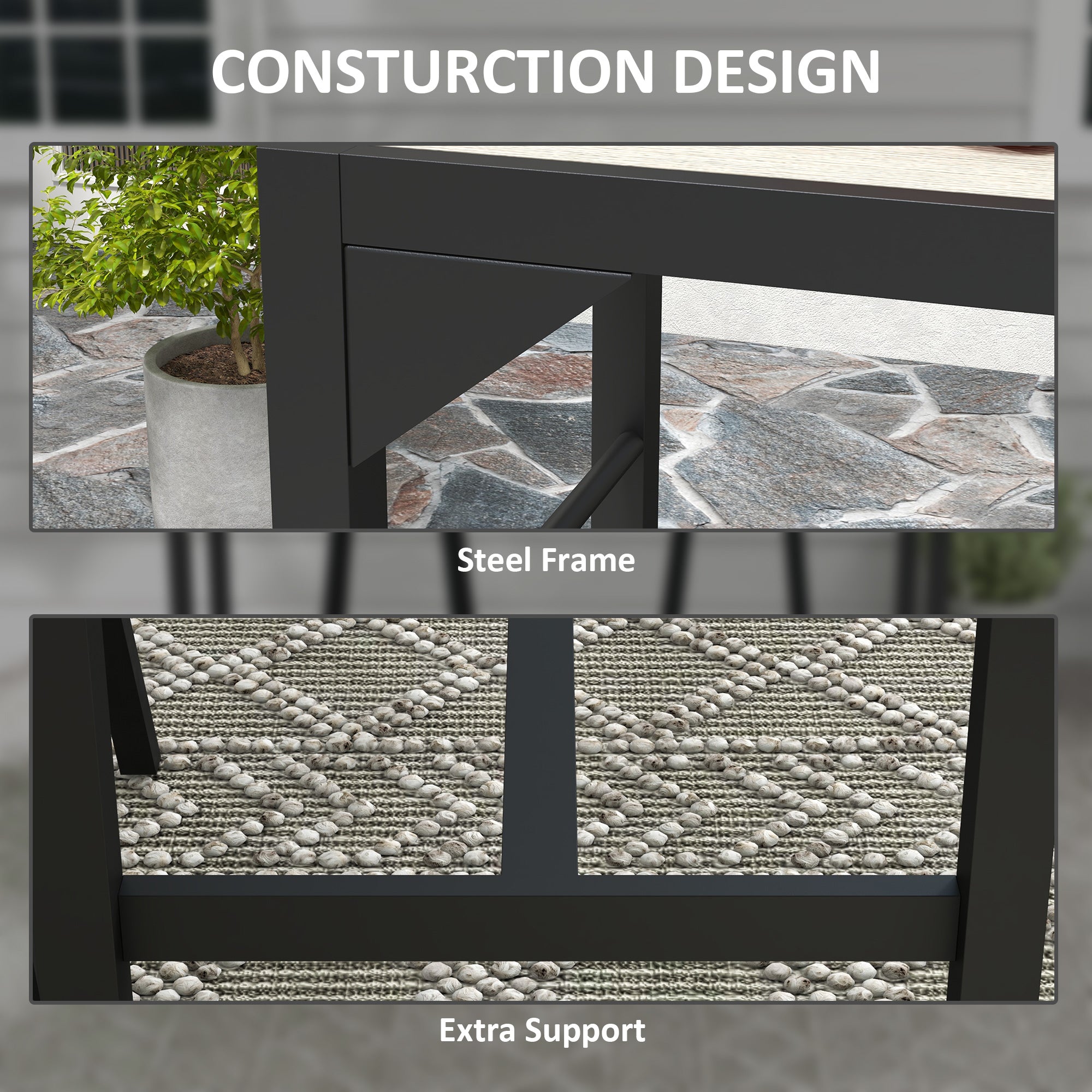 Outsunny 47" Outdoor Bar Table, Bar Height Patio Table with Built-In Bottle Opener and Steel Frame, Garden Table with Plastic Board with Wood Grain Effect, Light Brown